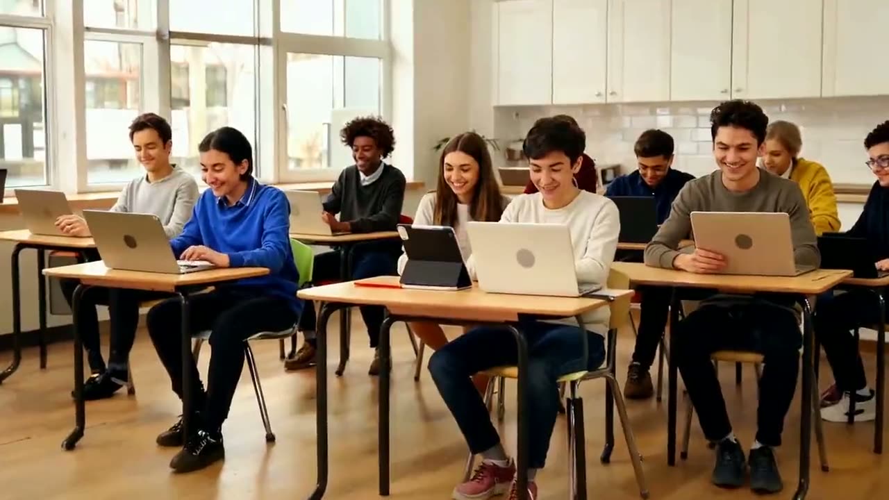 Students learning with laptops, a teacher presenting on a classroom screen, and two parents checking their child's school records at home