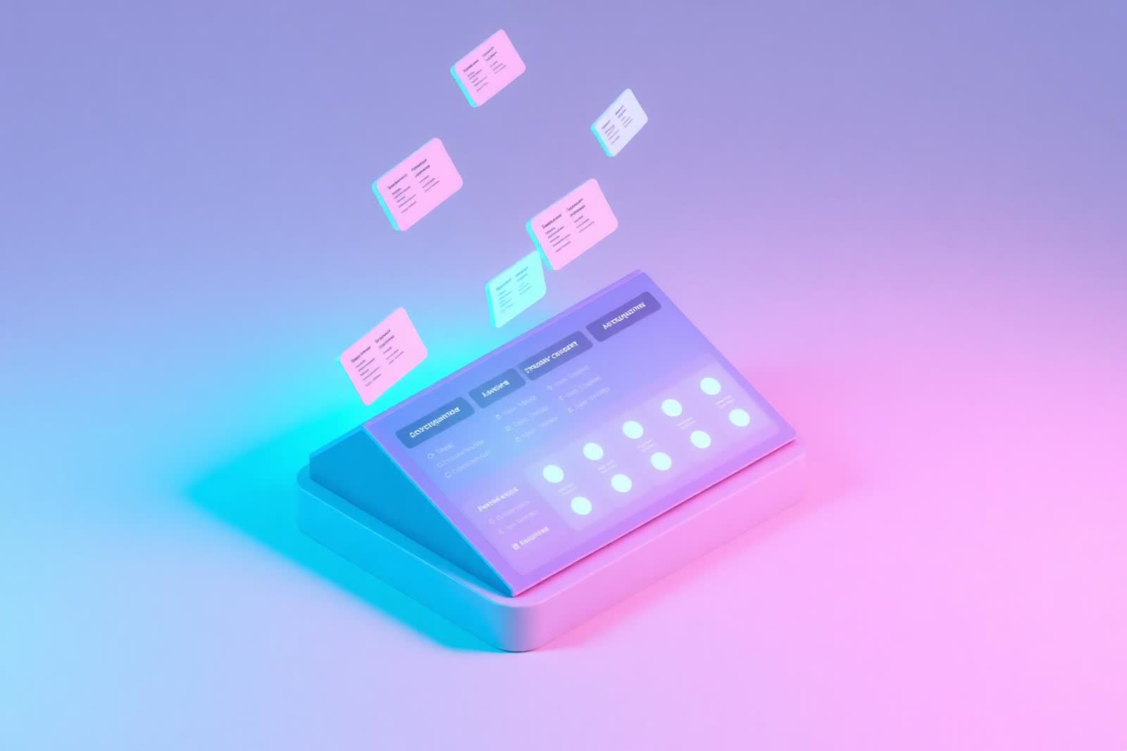 Isometric 3D render of attendance check-in cards flowing into a dashboard