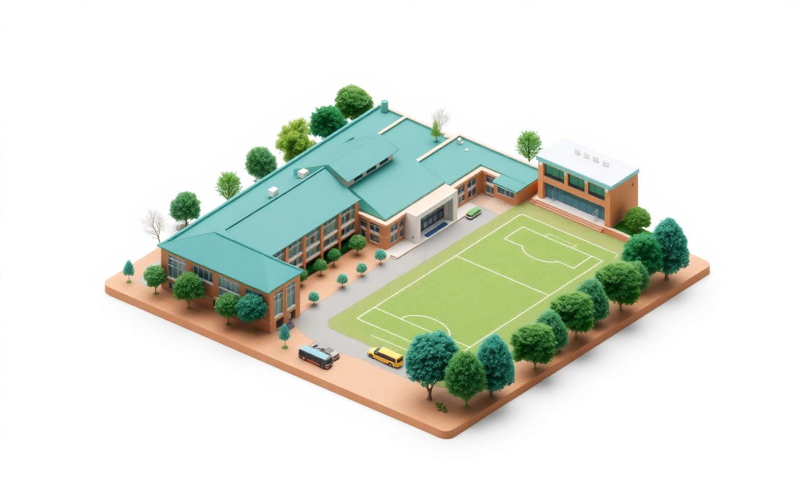 Isometric 3D model of a school campus with buildings and a sports field