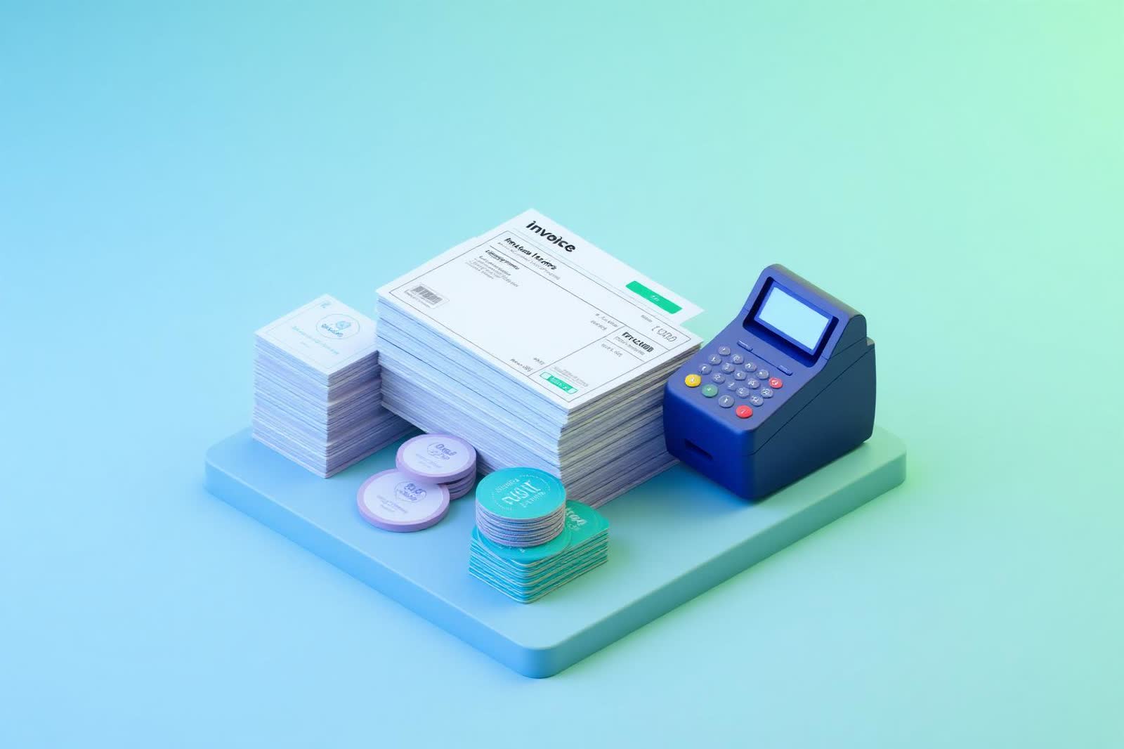 Isometric 3D render of invoices, payment tokens and a receipt printer
