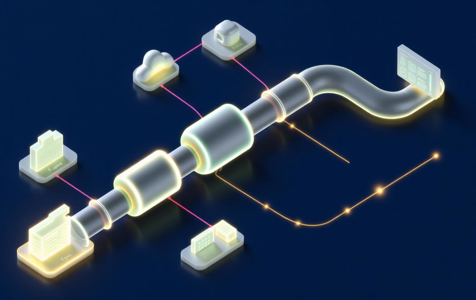 3D isometric render of a data pipeline connecting attendance, grades, fees and timetable modules