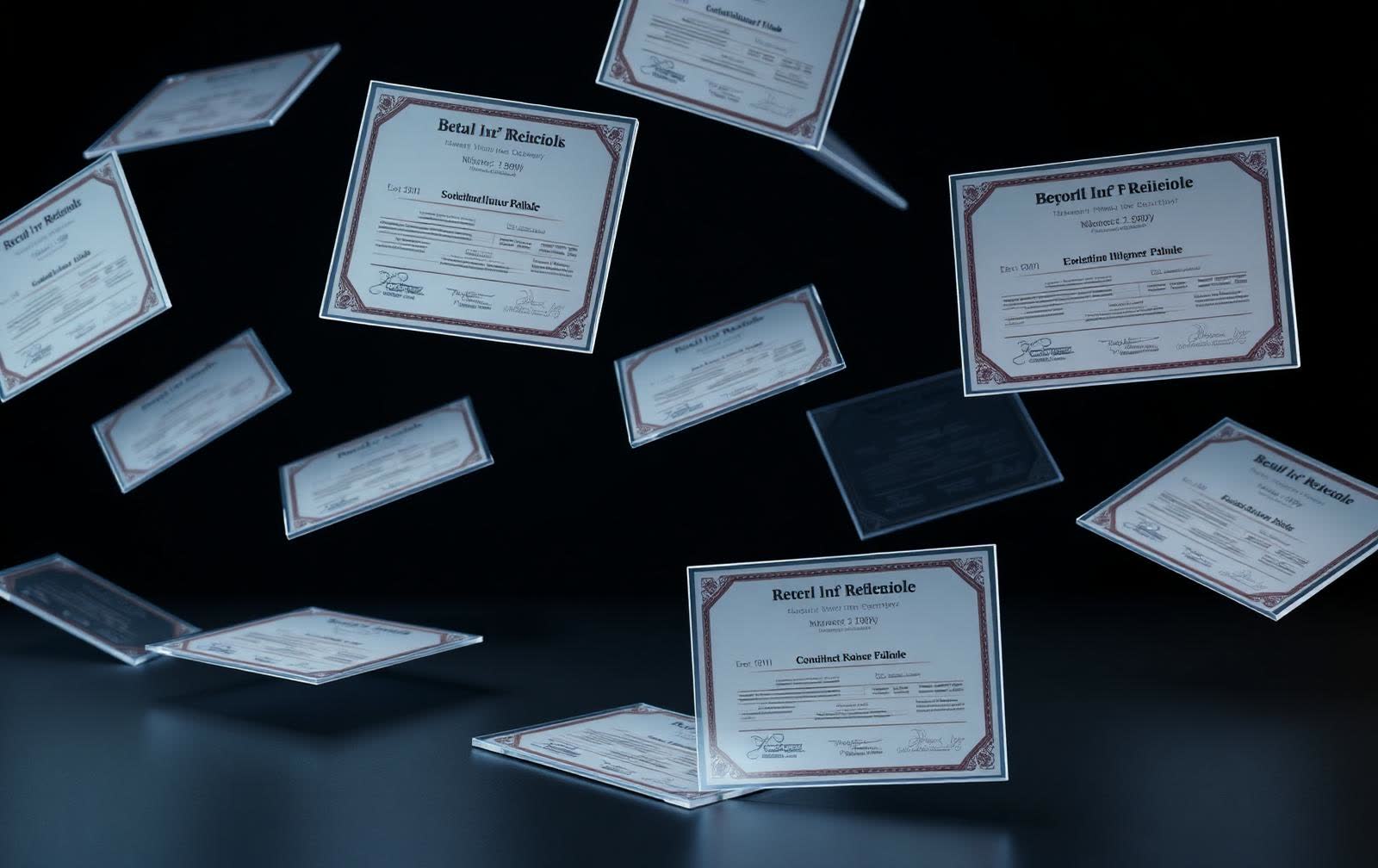3D render of floating glass report cards and certificates