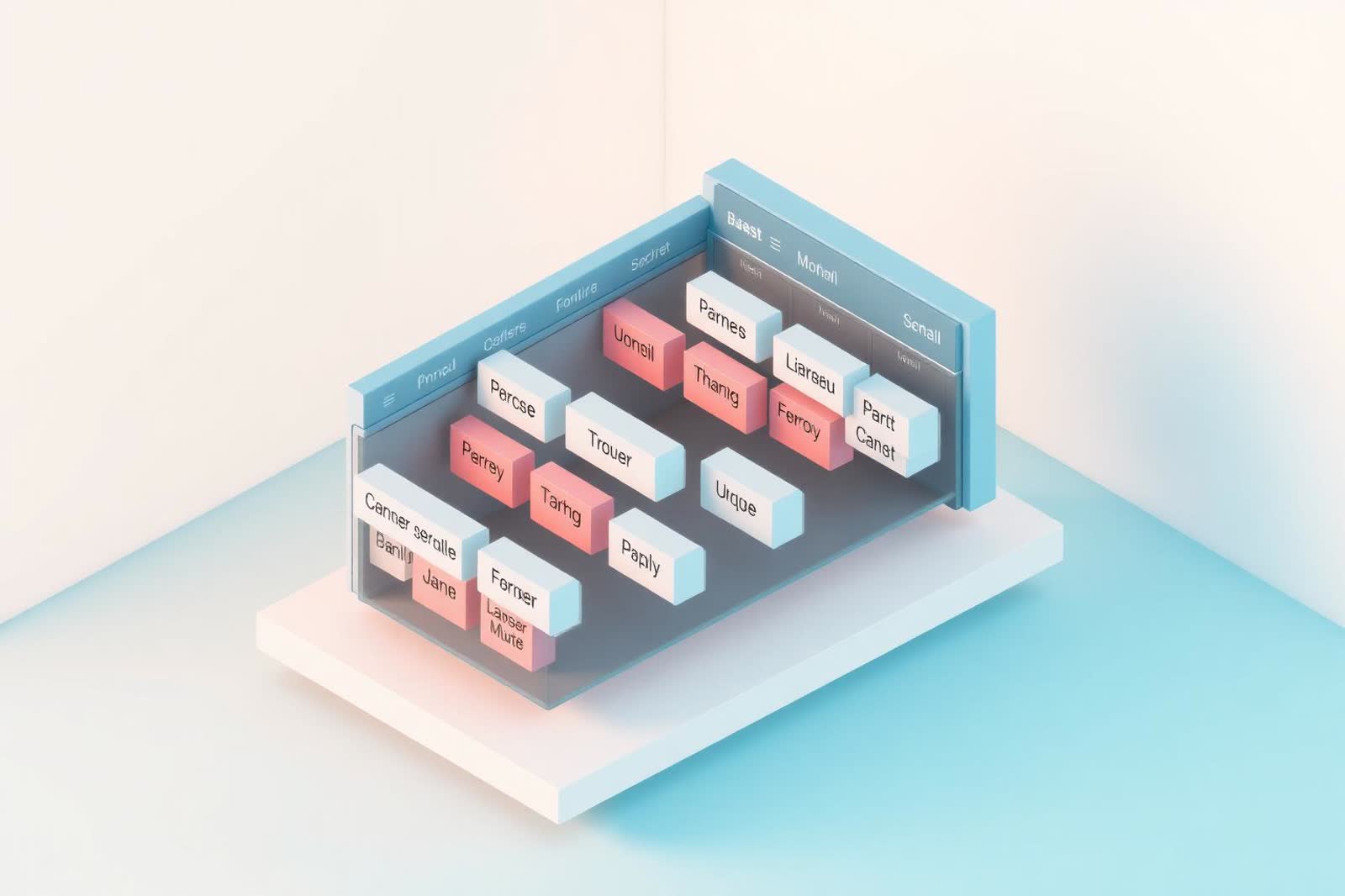 Isometric 3D render of class period blocks snapping into a school timetable grid