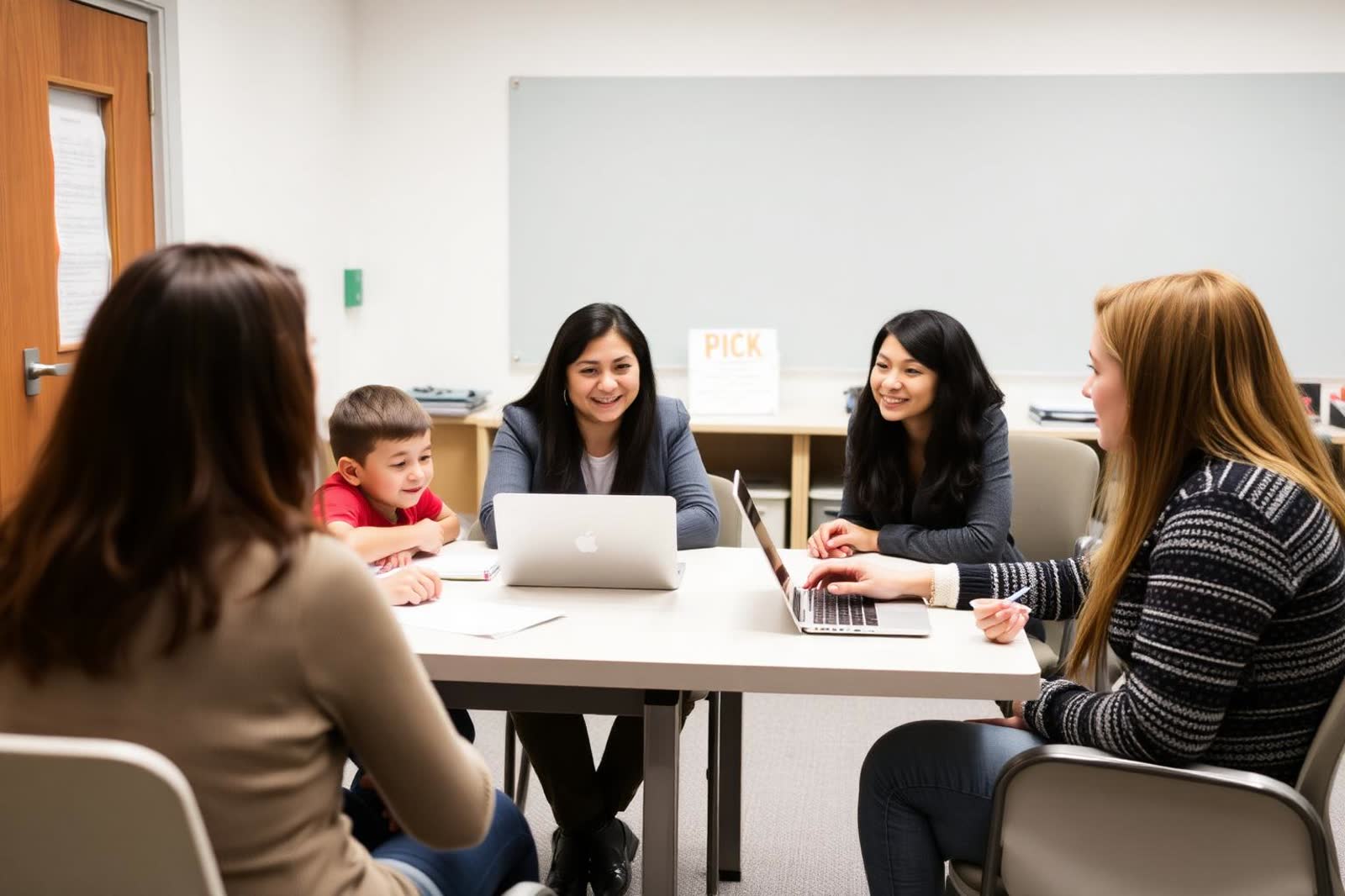 A family meeting an admissions officer across a desk with laptops