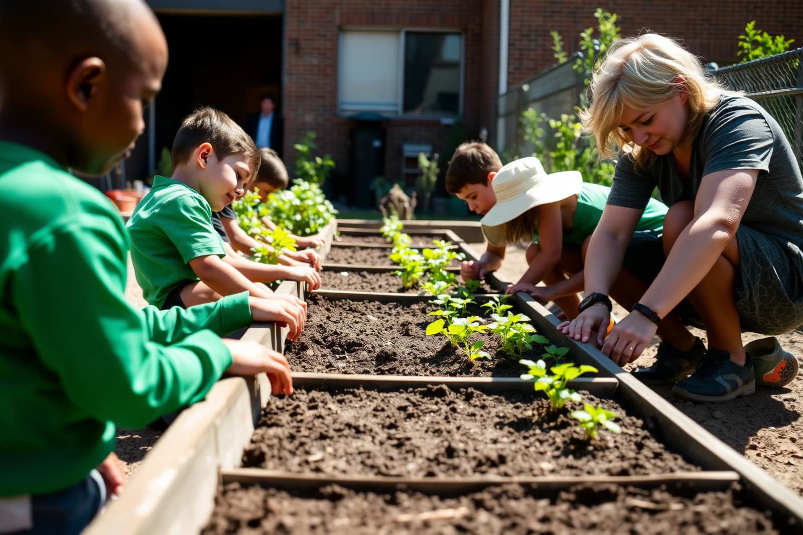 Students planting seedlings in raised beds in a school garden