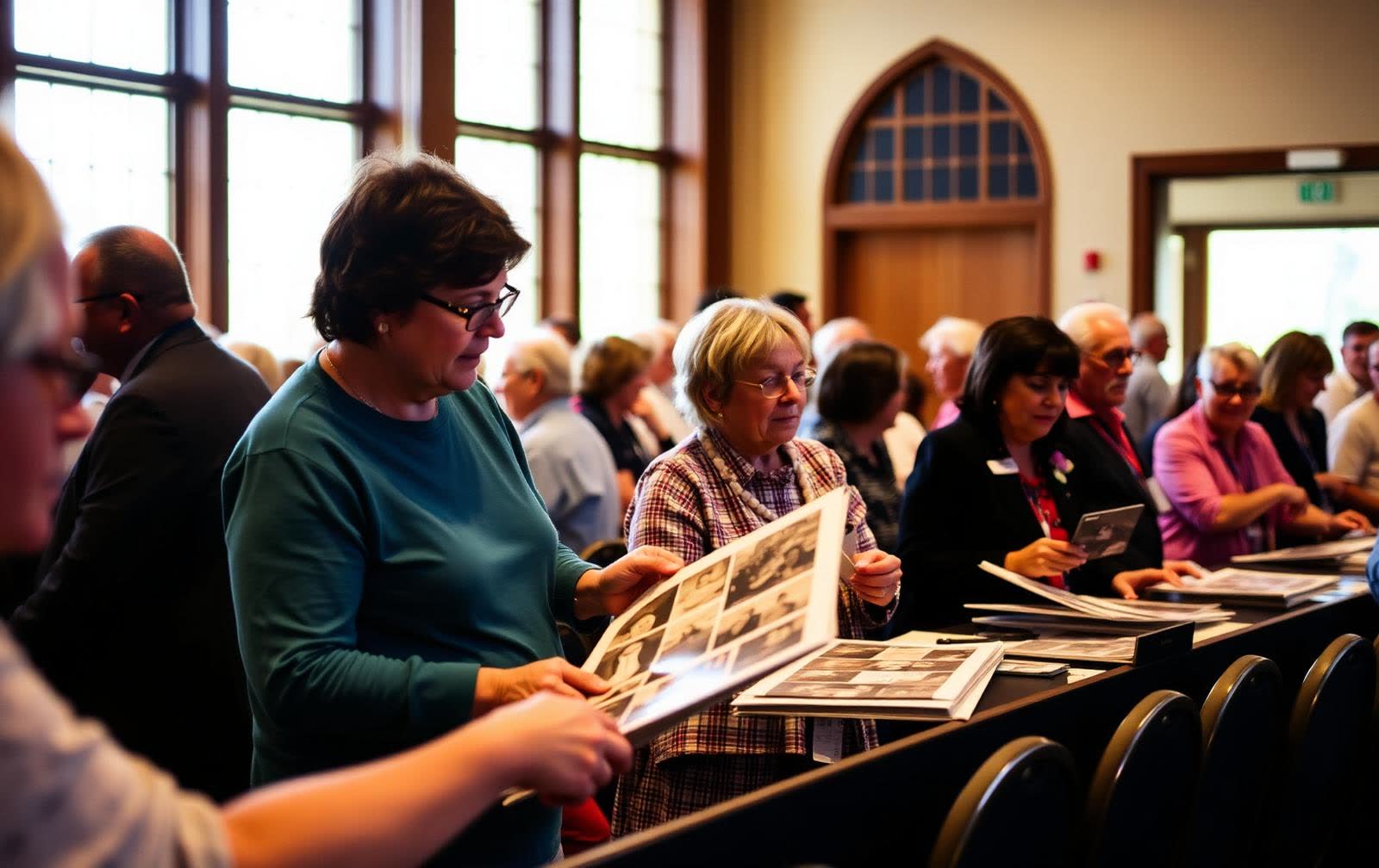 Alumni looking through old photographs at a school reunion