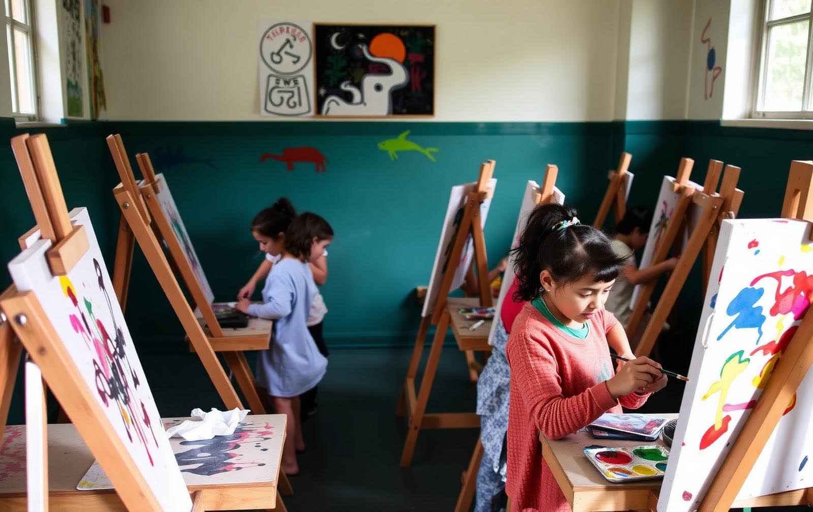 Students painting in a school art class