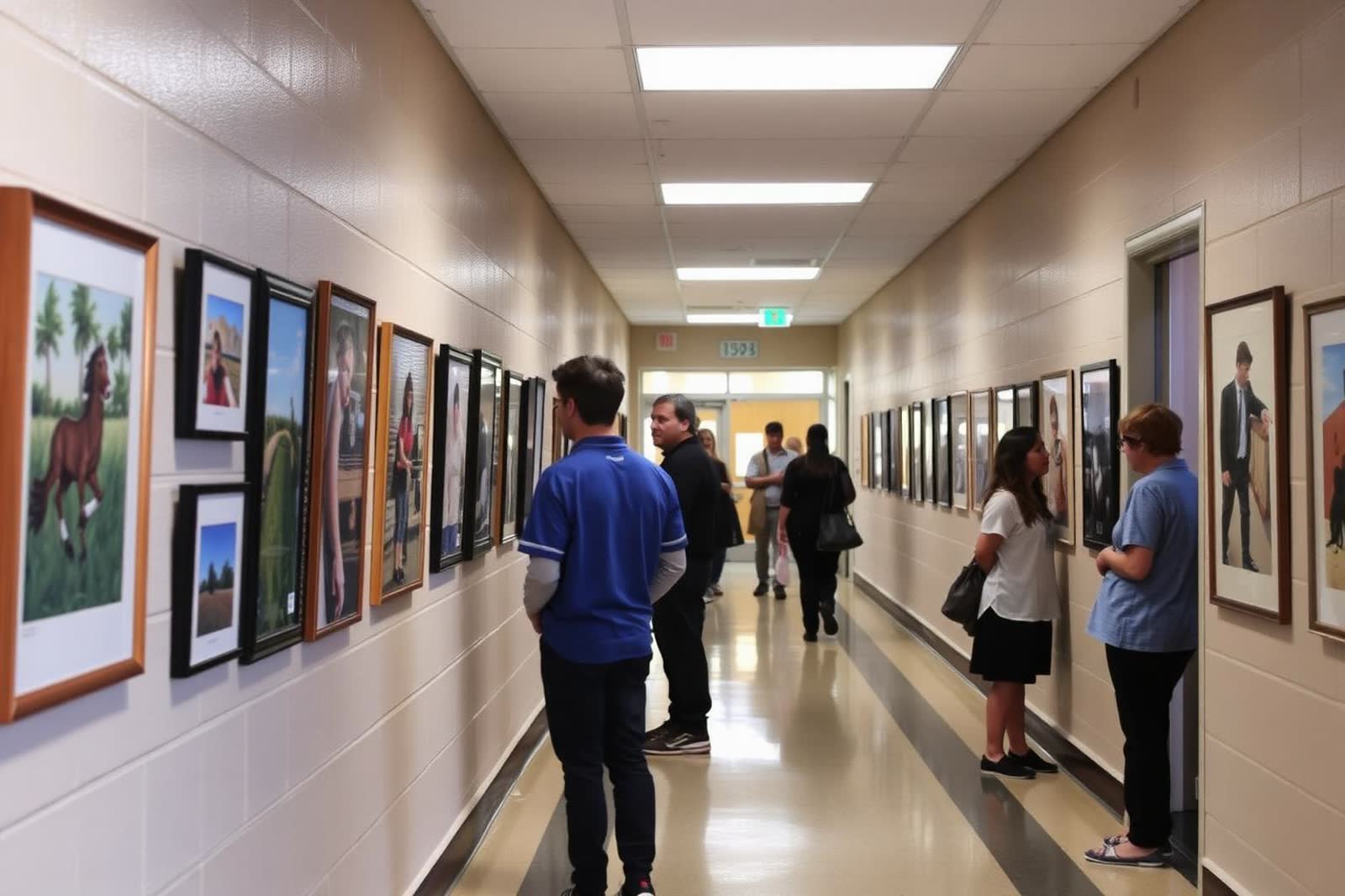 Visitors viewing framed student artwork in a school corridor exhibition