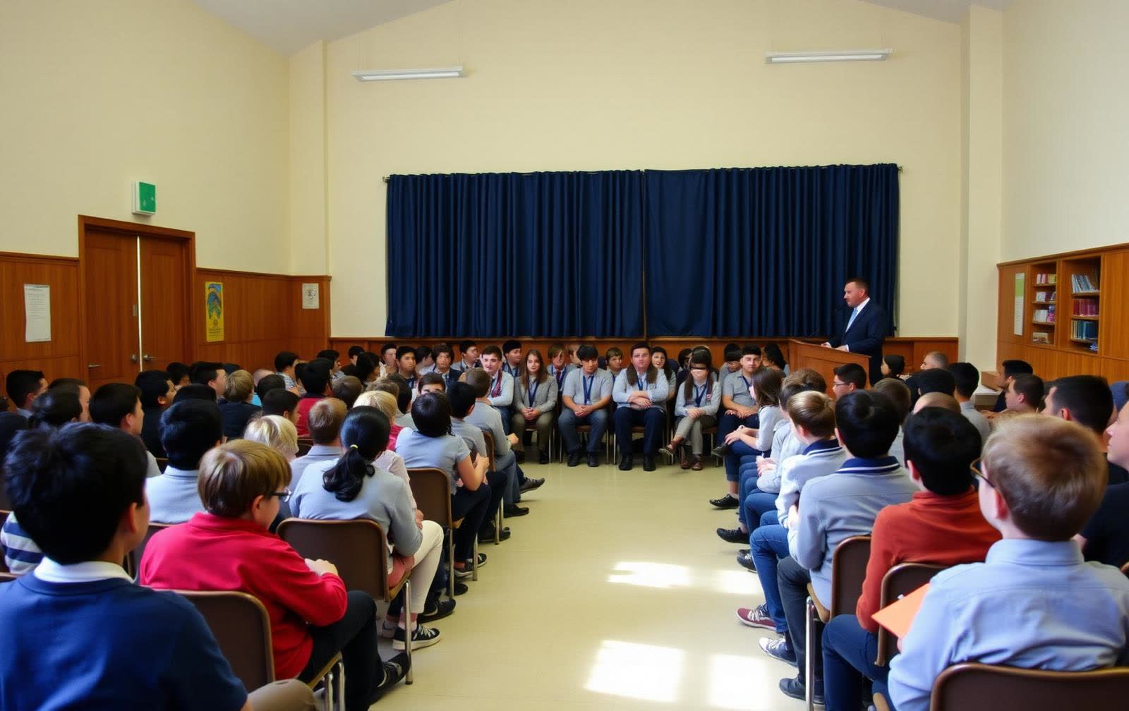 Students seated in a school hall during assembly