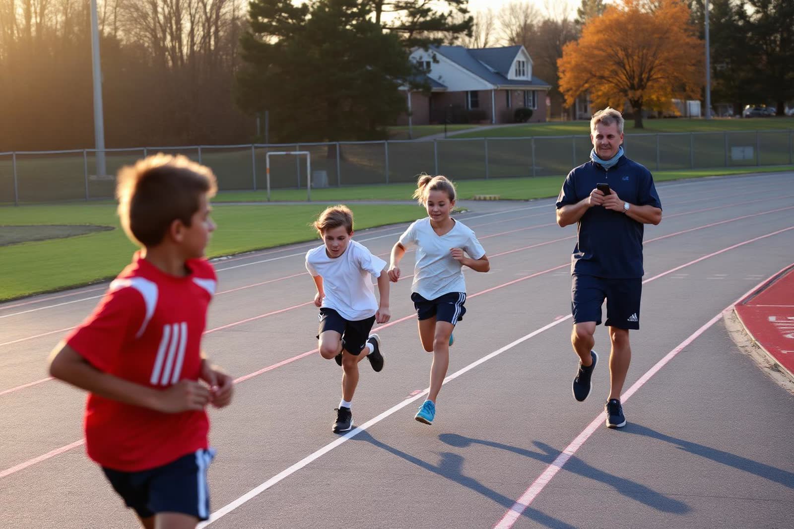 Students sprinting on a school athletics track with a coach timing them