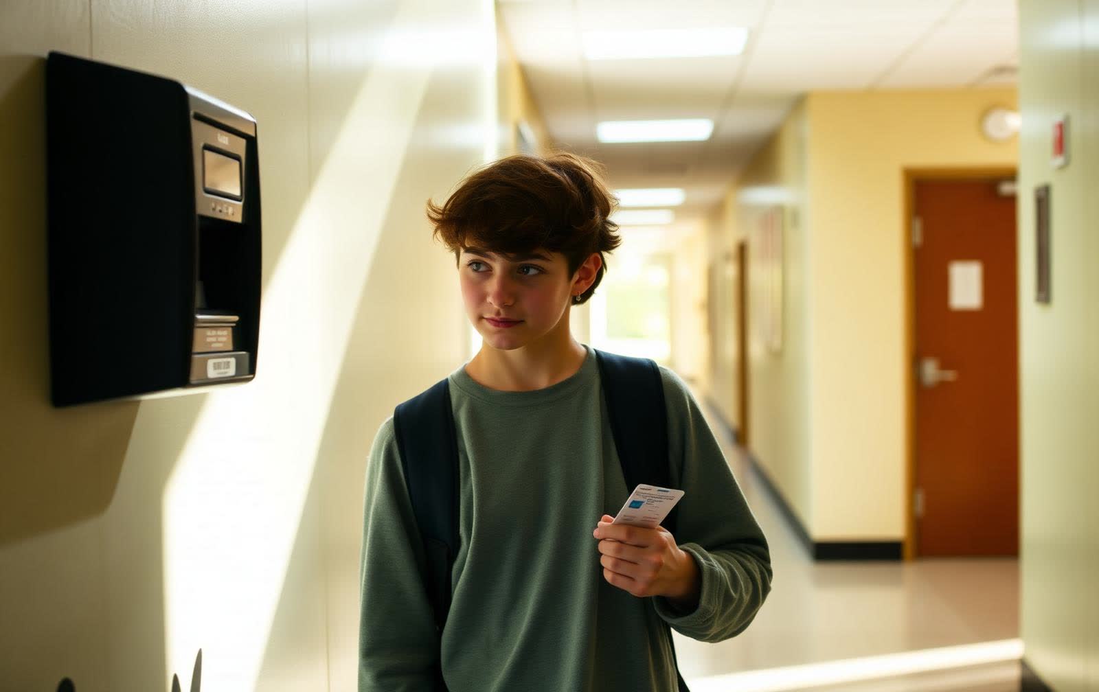 Student scanning an ID card at an attendance reader