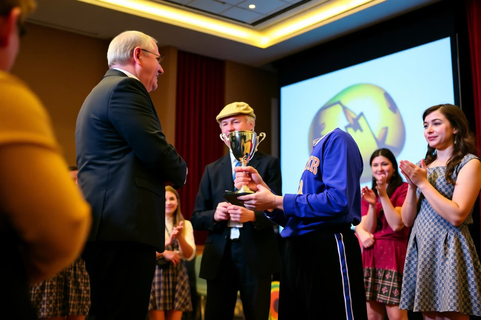 A student receiving a trophy on stage at a school awards evening