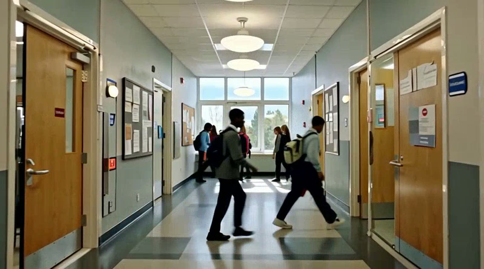 Students walking through a bright school corridor between lessons