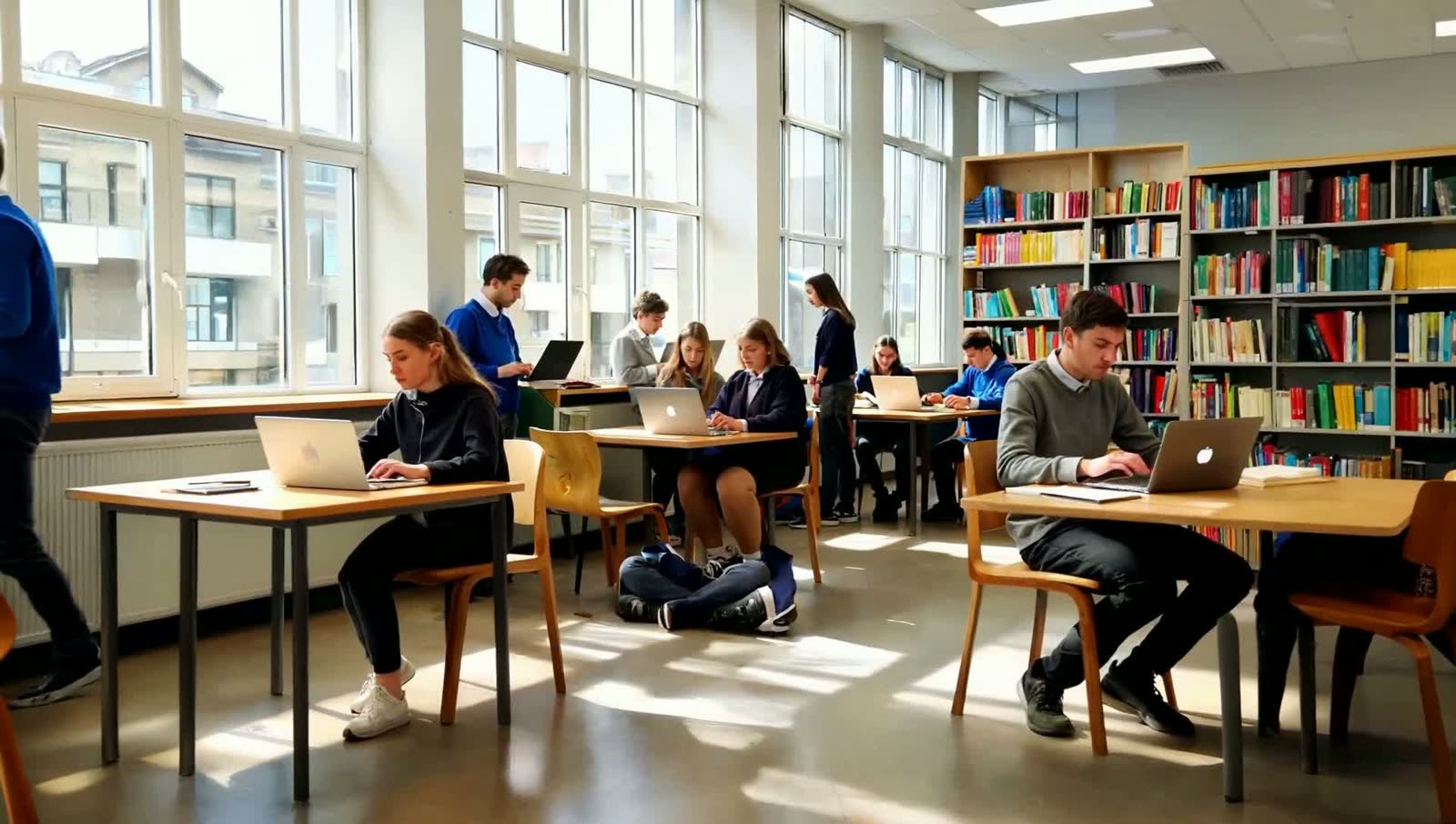 Students reading and working on laptops in a sunlit school library