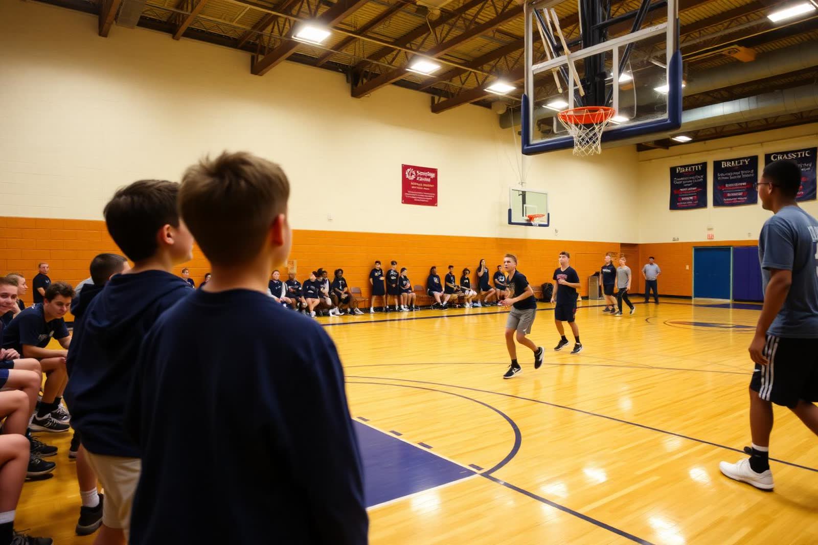 Students playing a basketball match in a school gym