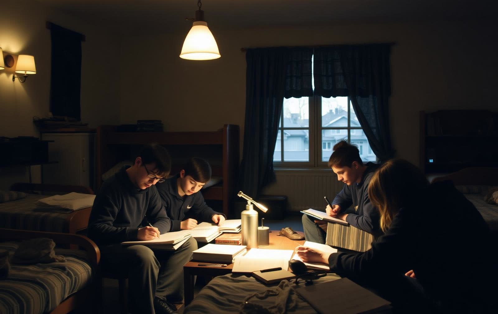 Boarding house common room with students studying