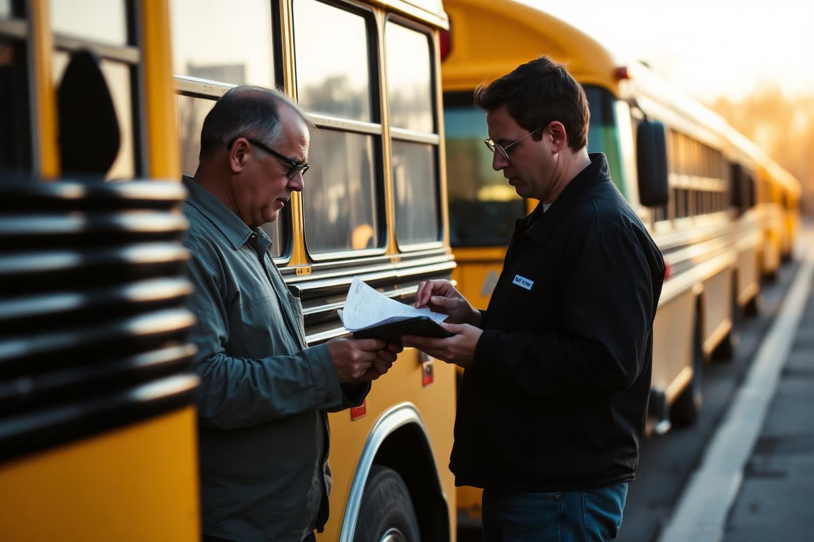 Drivers checking a route sheet on a tablet at a school bus depot