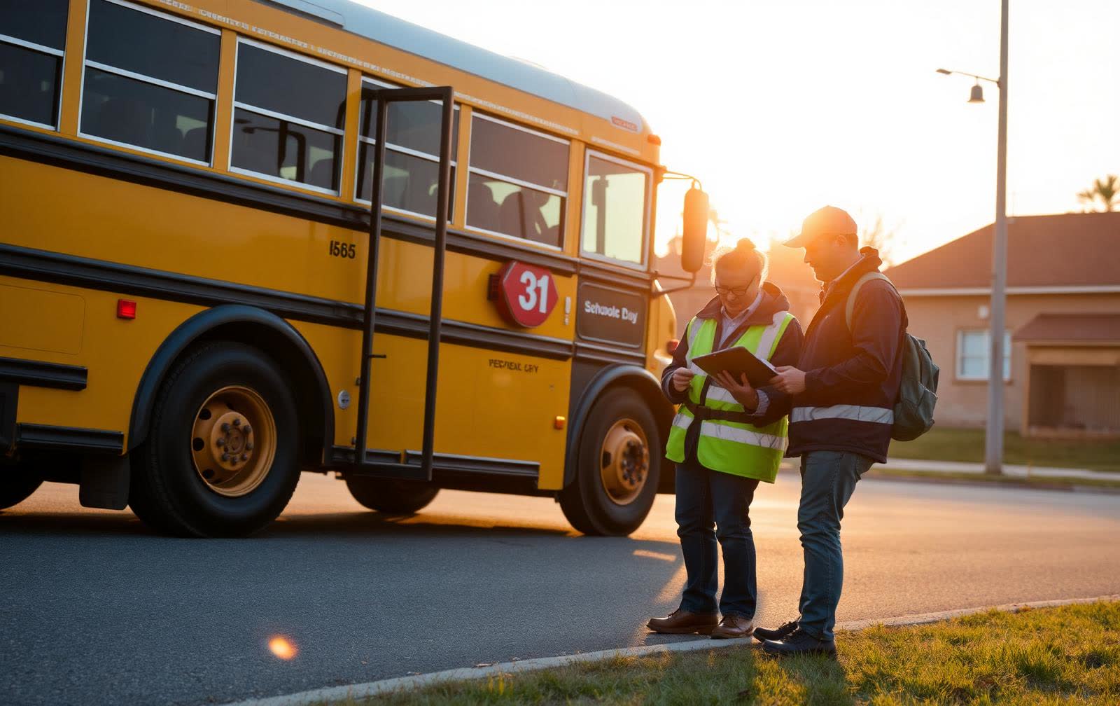 Driver and coordinator checking a bus route on a tablet