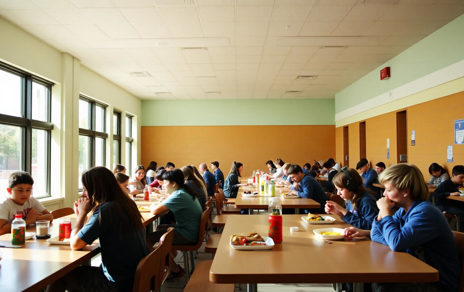 Students eating together in a school cafeteria