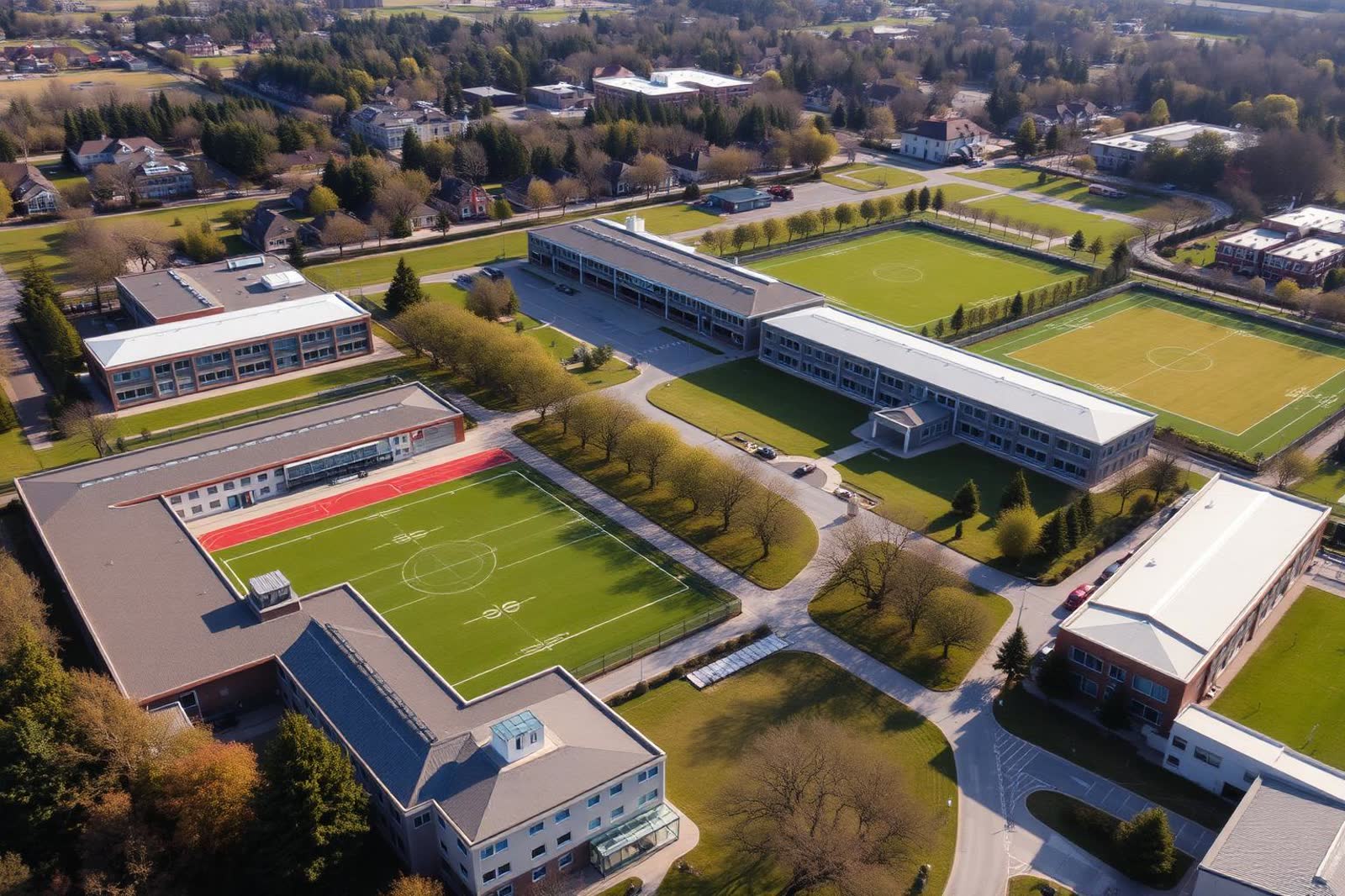Aerial view of a school campus with buildings, sports fields and tree-lined paths