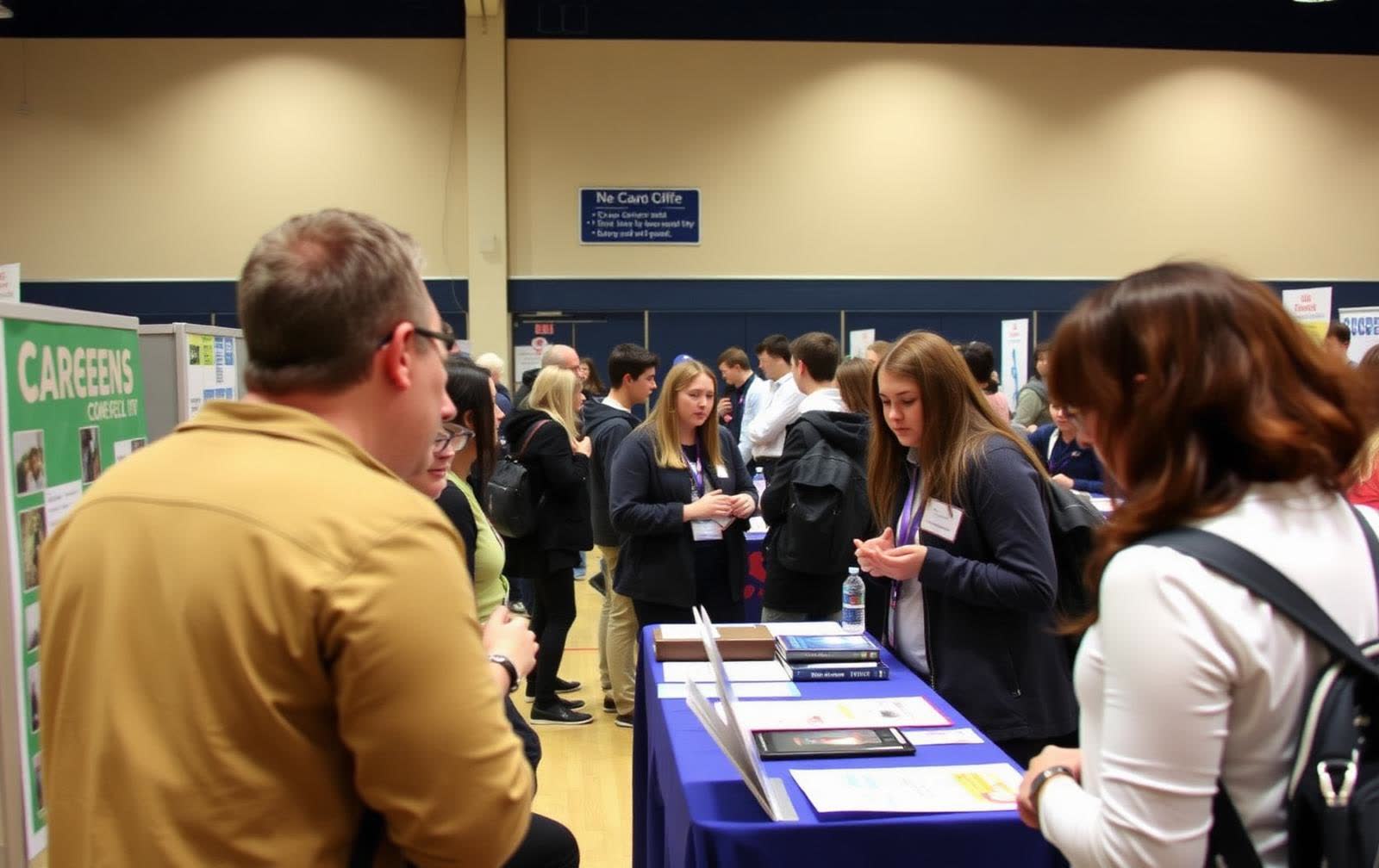 Students speaking with exhibitors at stands during a school careers fair