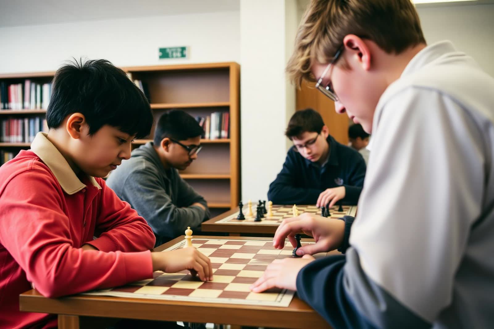 Students playing chess at tables in a school library