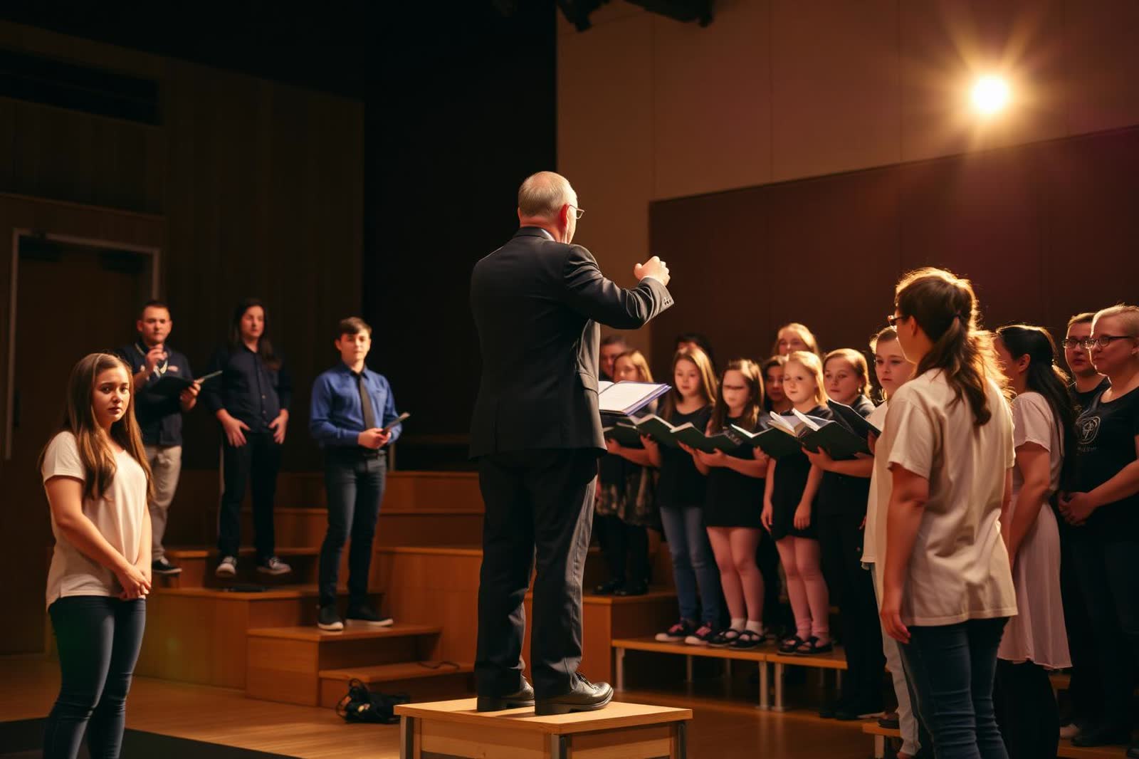 School choir rehearsing on stage risers with a conductor
