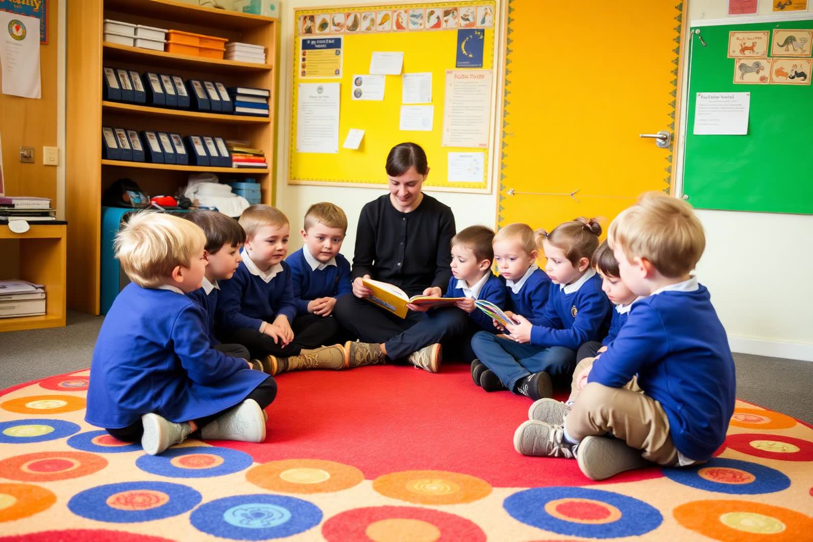 Young children sitting on a carpet as a teacher reads a story