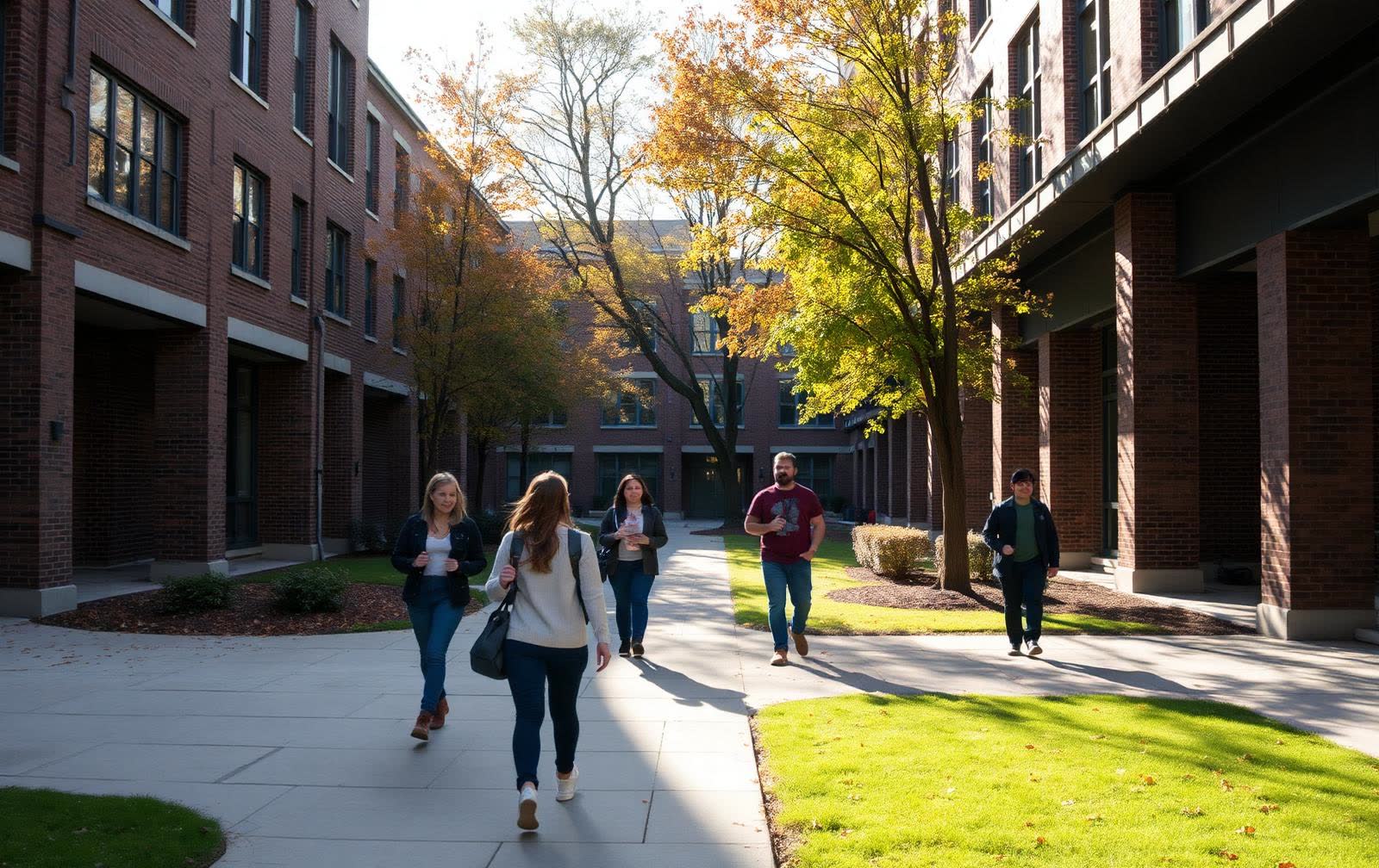 Students walking through a college campus courtyard