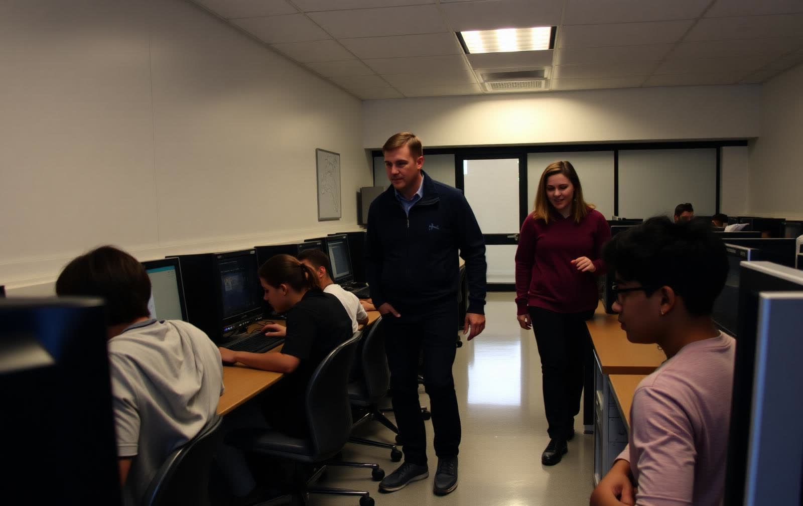 Students working at desktop computers in an ICT suite