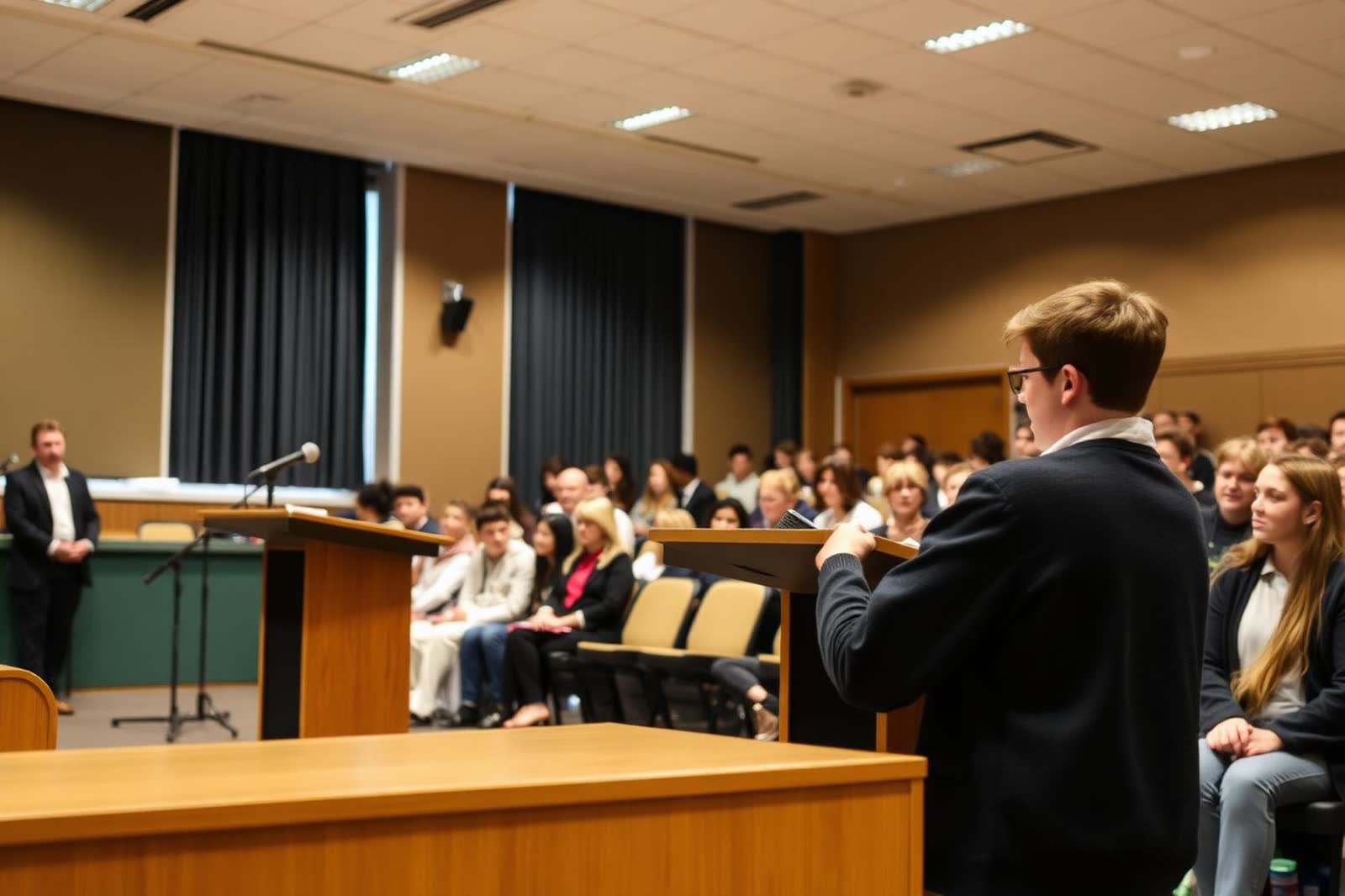 Two students debating at lecterns in front of a school audience
