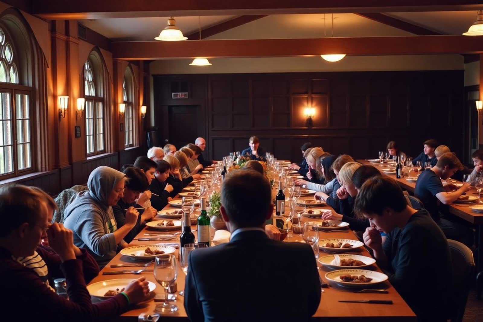 Students eating at long tables in a boarding school dining hall