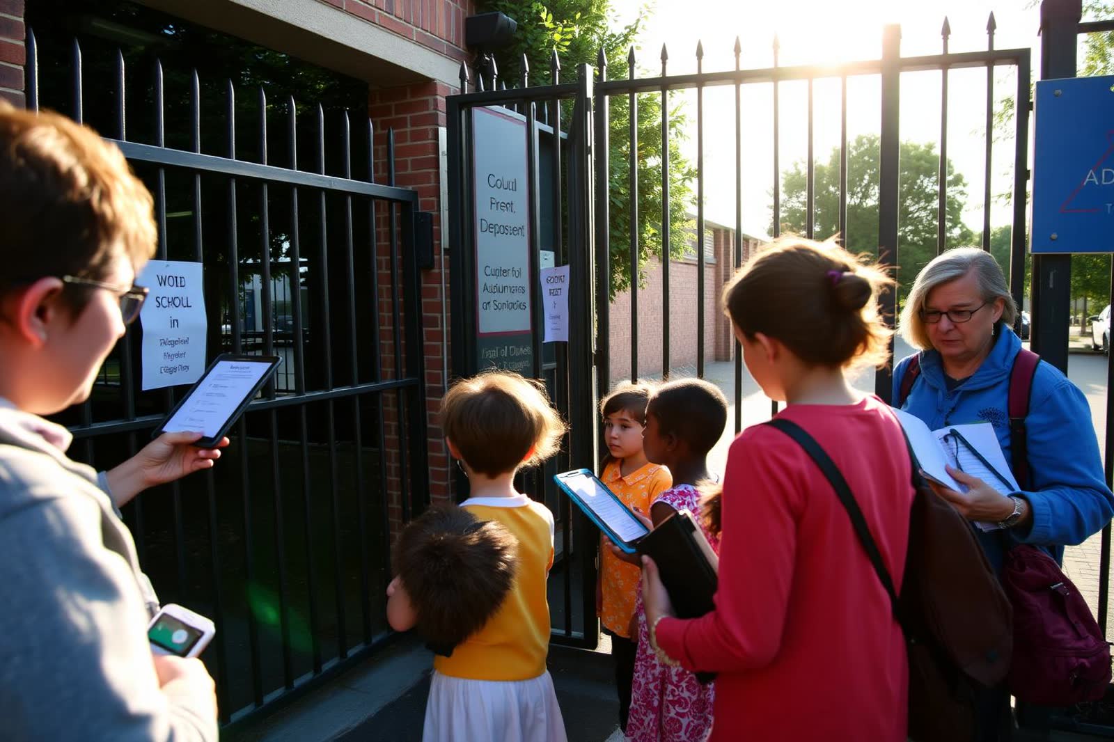Staff checking a tablet as parents collect children at the school gate
