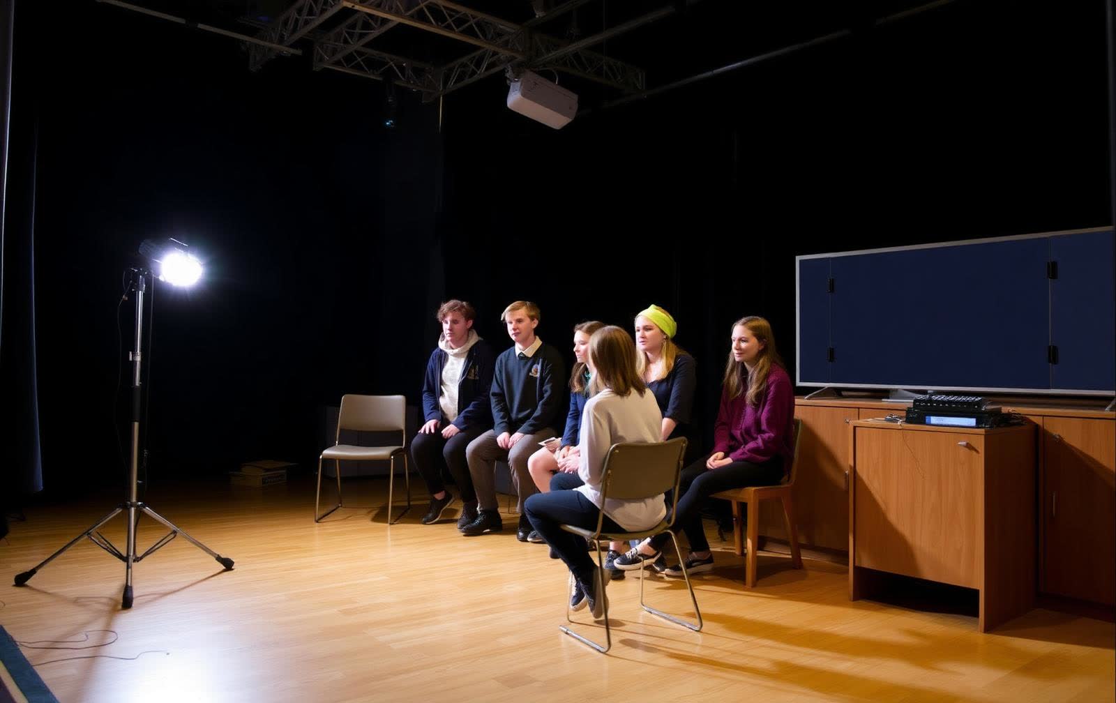 Students rehearsing a play on a school drama stage