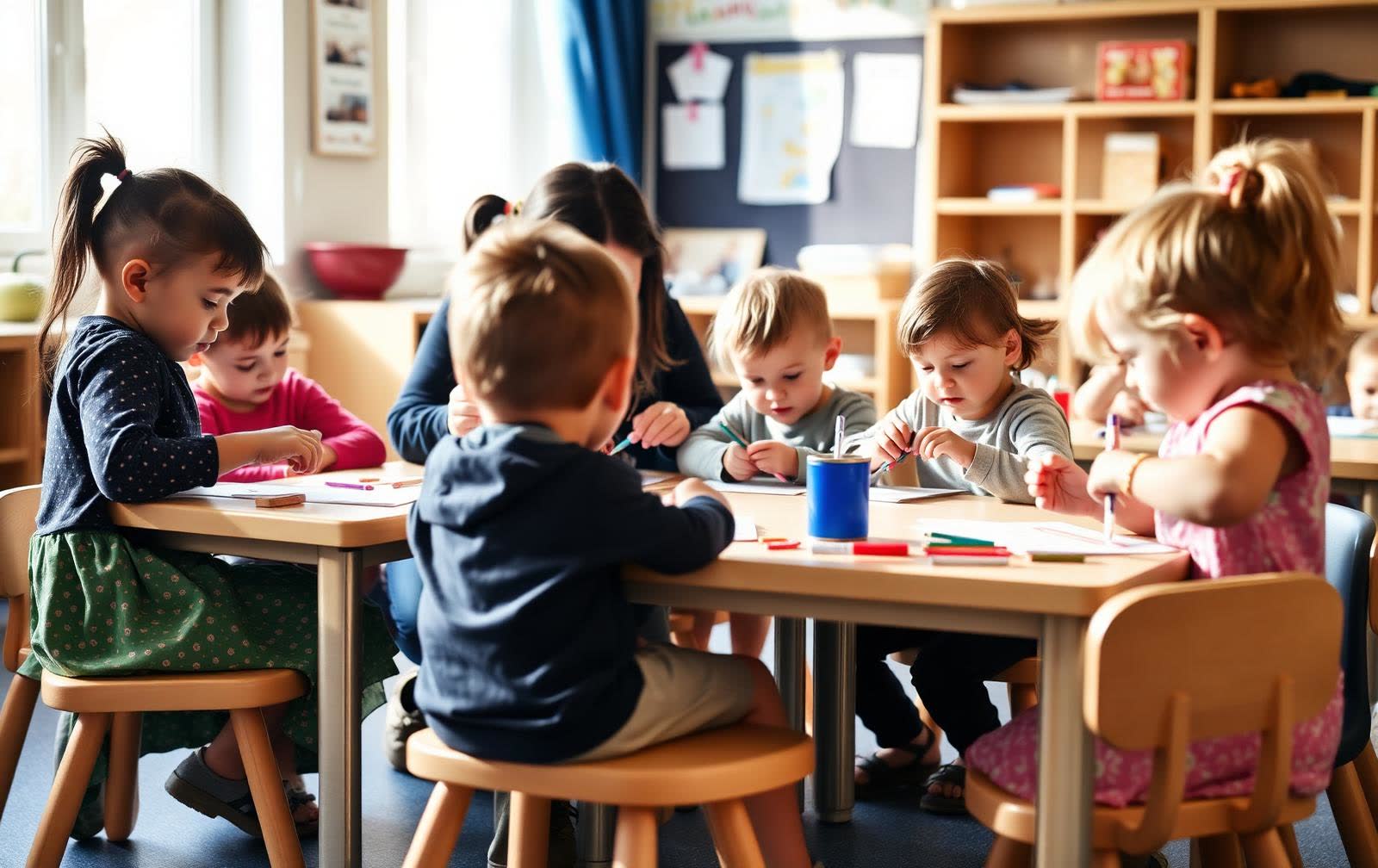 Early-years pupils working with a teacher at a low table