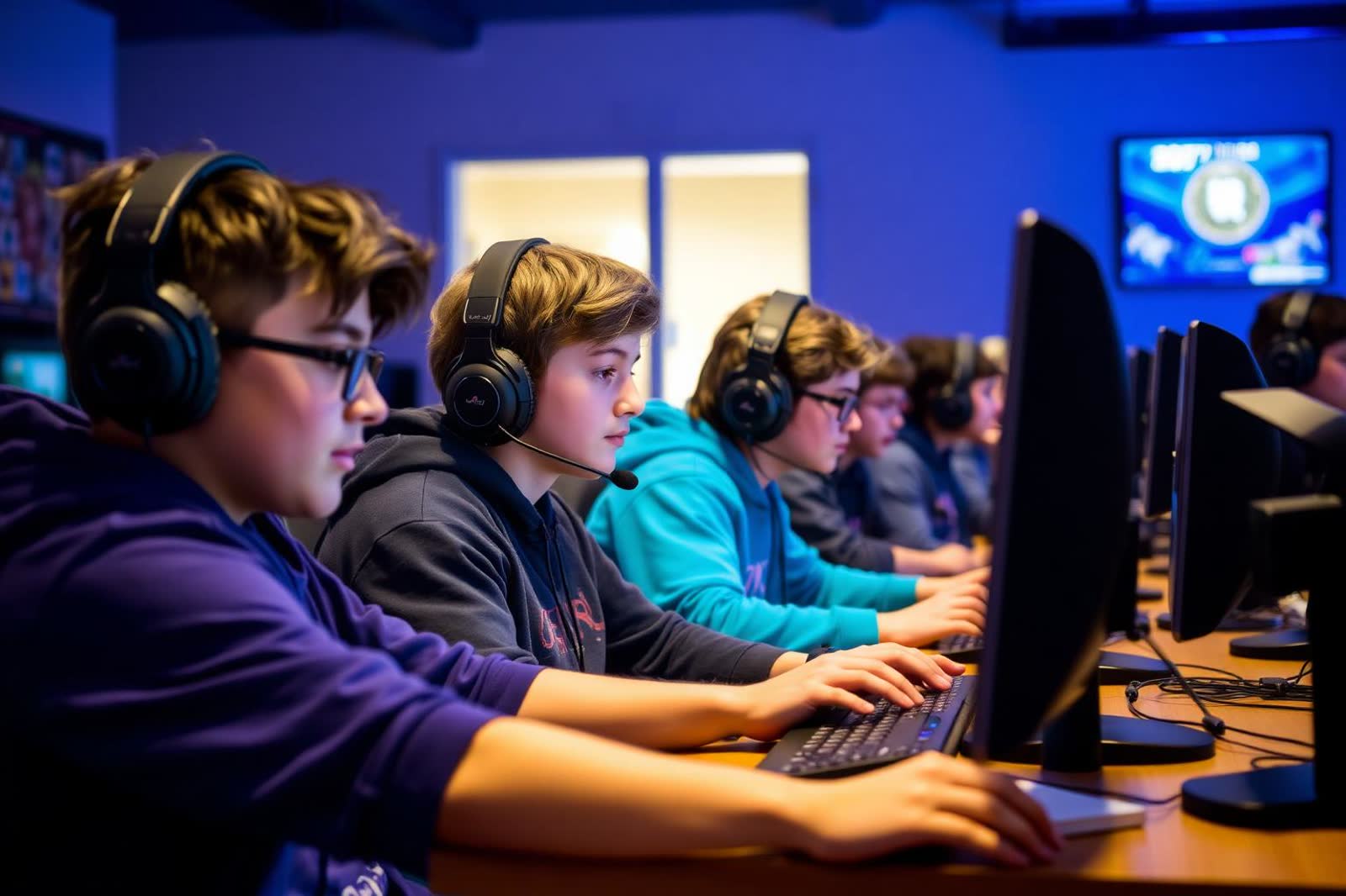 Students at gaming PCs with headsets in a school coding and esports club