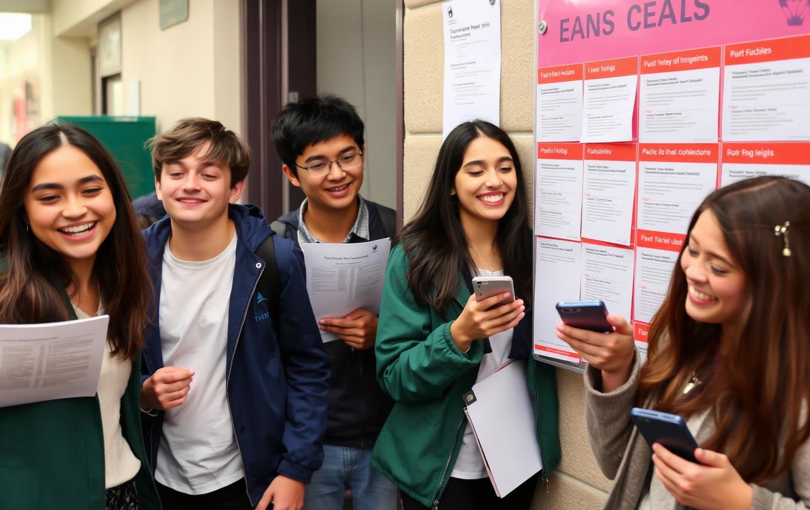 Students checking exam results on a noticeboard and their phones