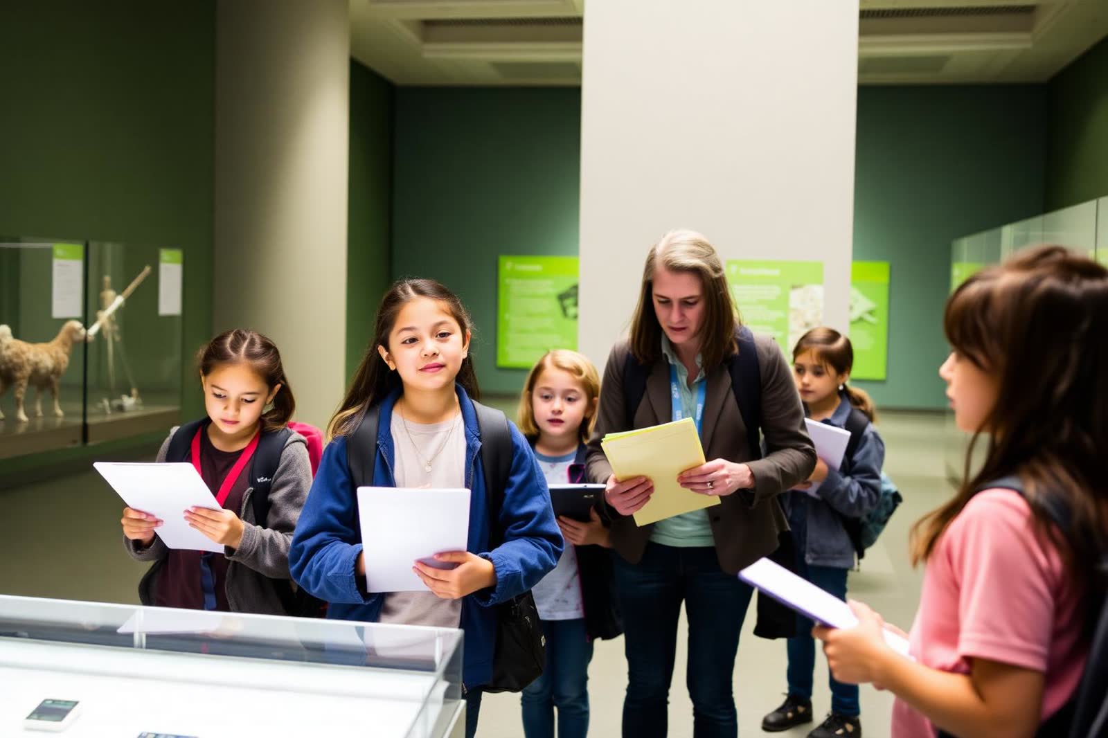 Students with worksheets exploring exhibits on a museum field trip