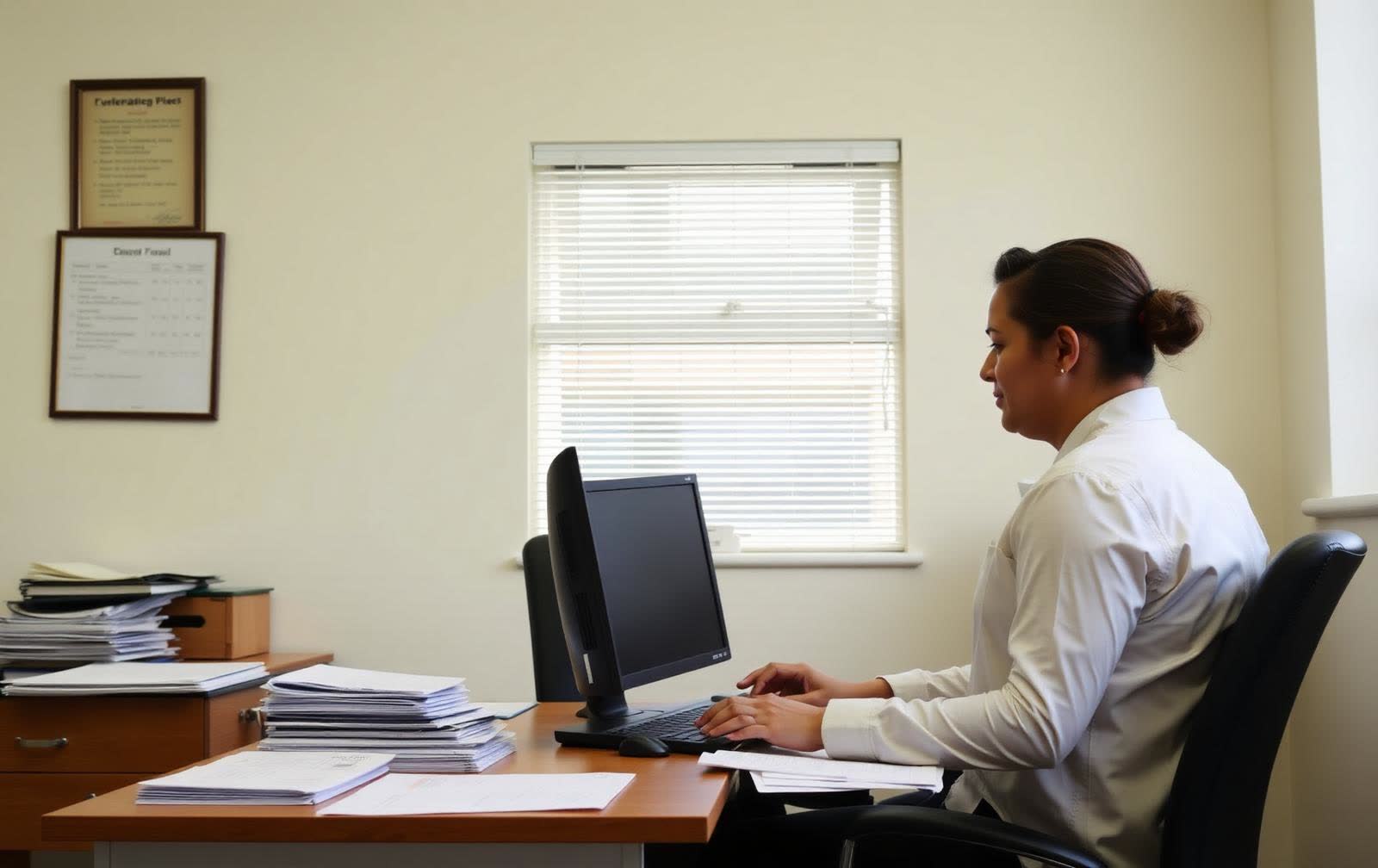 A bursar reviewing school fee statements at a desk