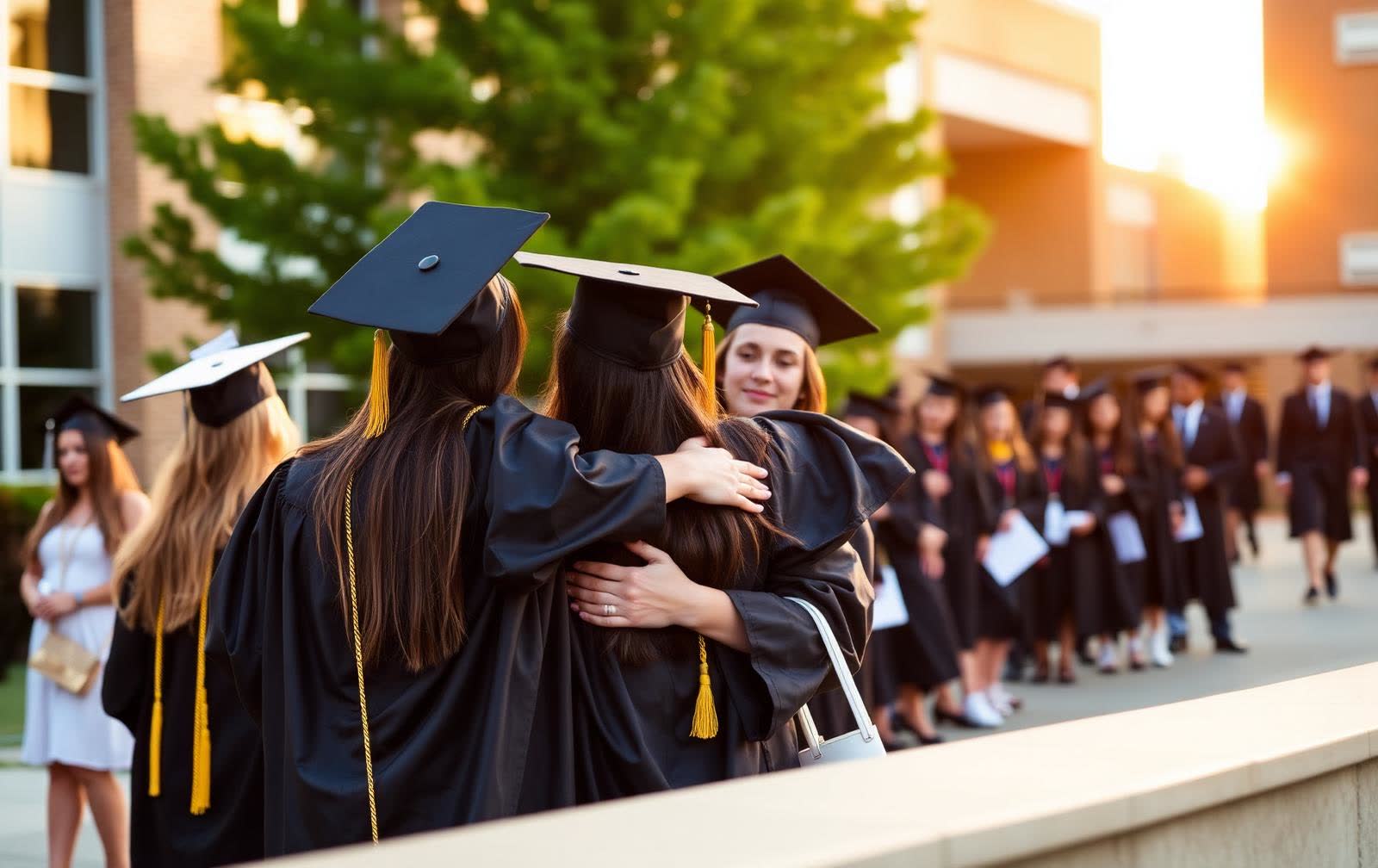 Graduating students in caps and gowns outside the school