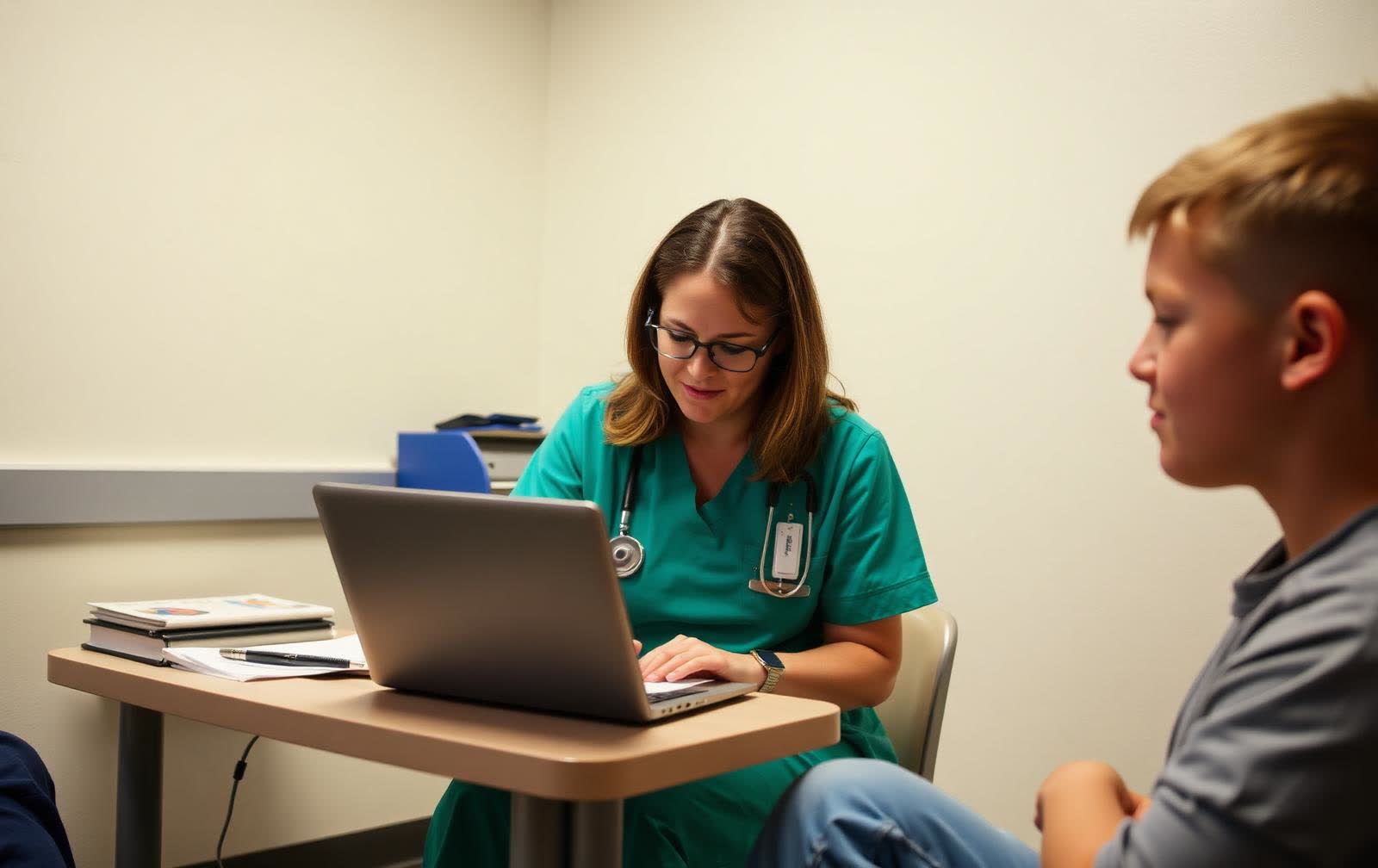 A school nurse recording notes on a laptop beside a student