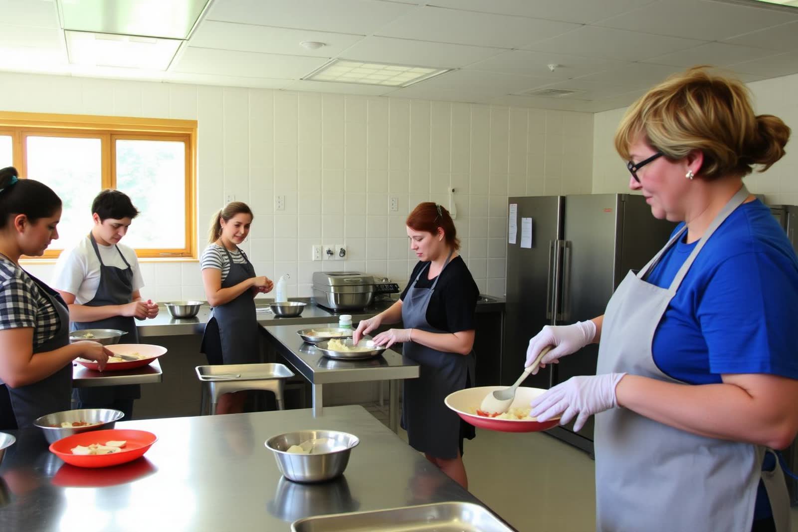 Students preparing food at stainless steel stations in a teaching kitchen