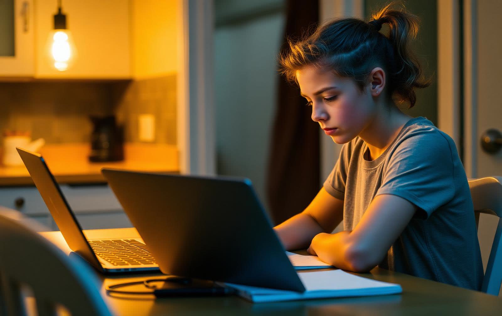 A student doing homework at a kitchen table at night with a laptop