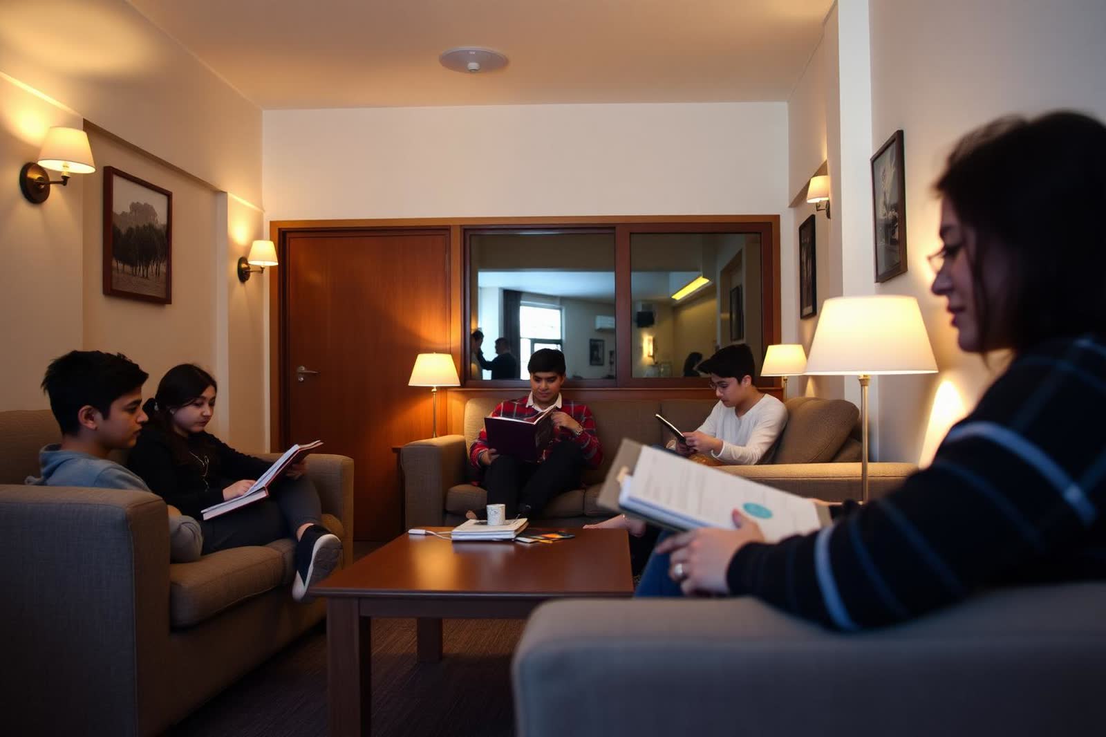 Boarding students studying and relaxing in a hostel common room