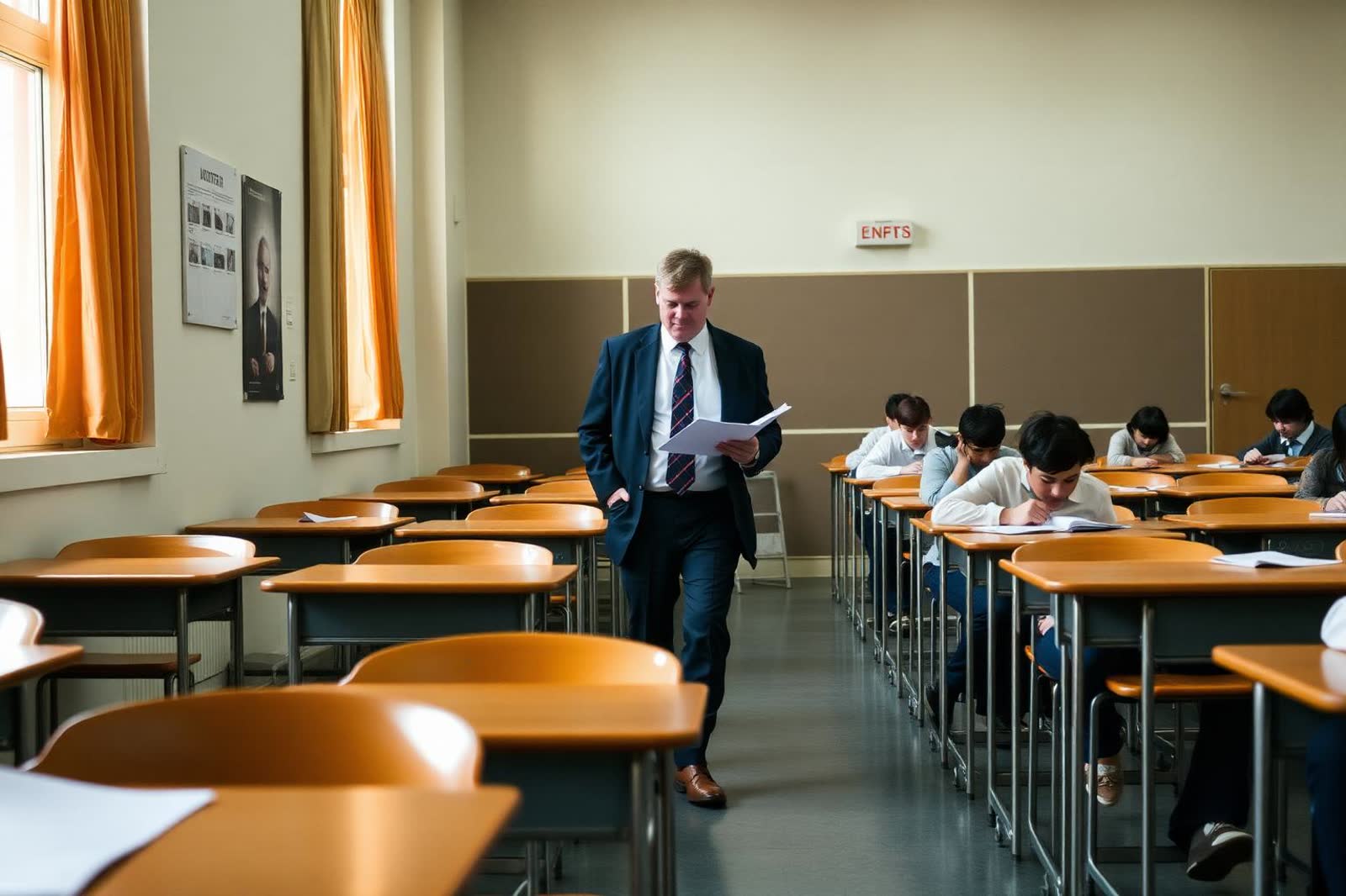 An invigilator walking between rows of desks during a written exam