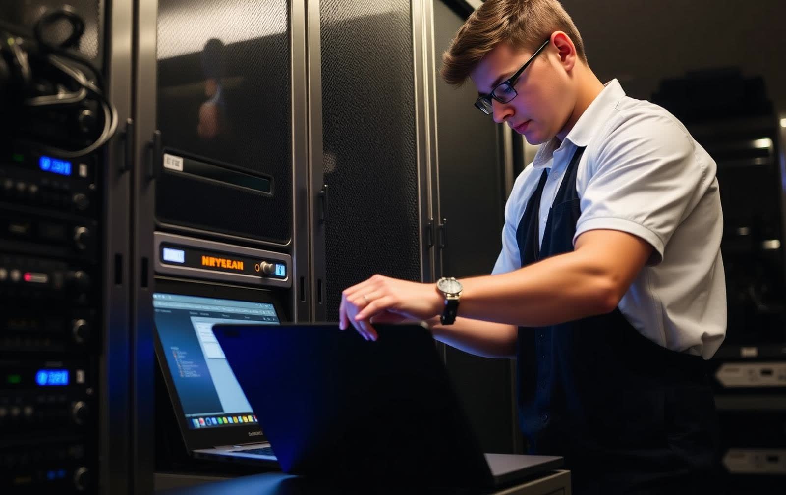 School IT technician working at a server rack with a laptop