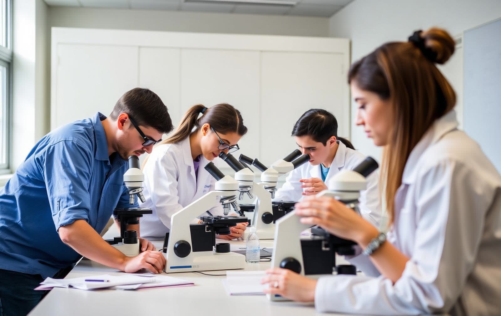 Students using microscopes in a biology lab