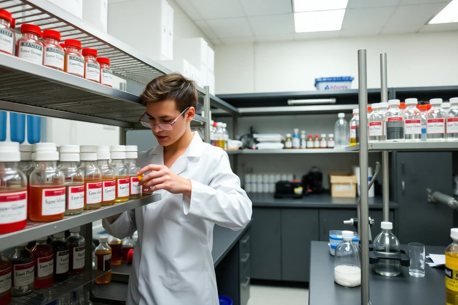 Laboratory technician organising labelled reagent bottles in a chemistry prep room