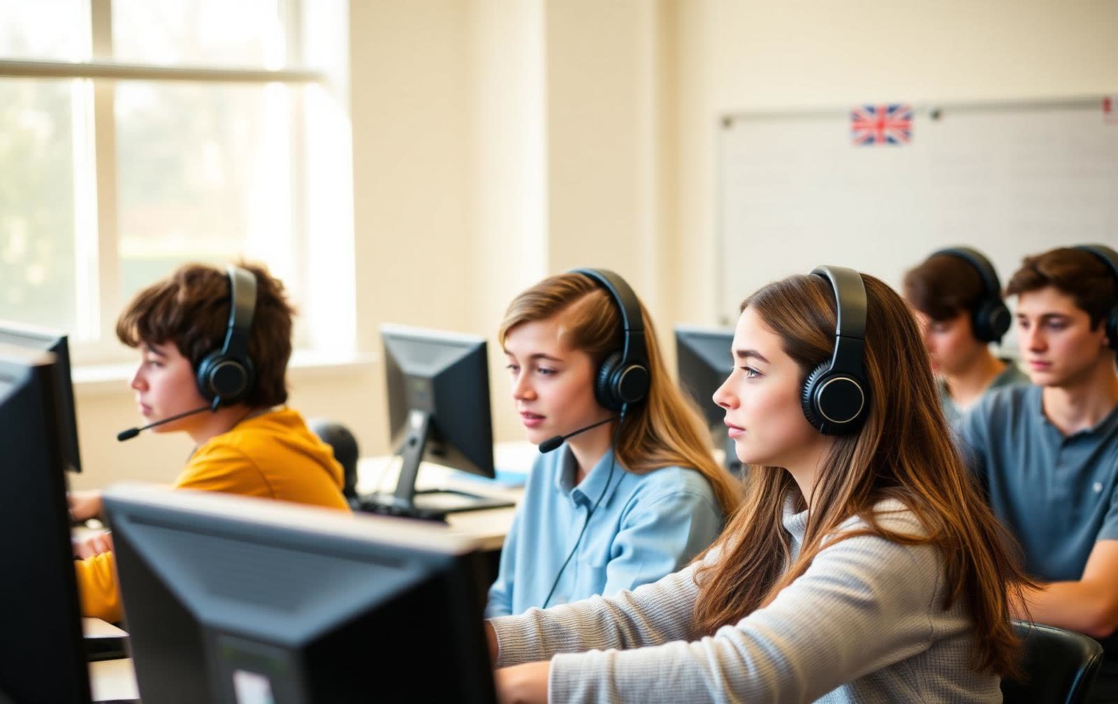 Students wearing headphones at computers in a school language lab