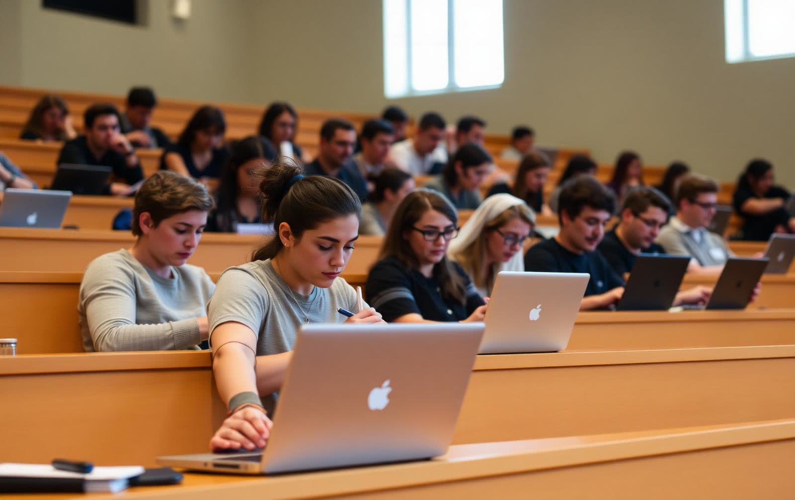 Lecturer addressing students in a tiered lecture hall
